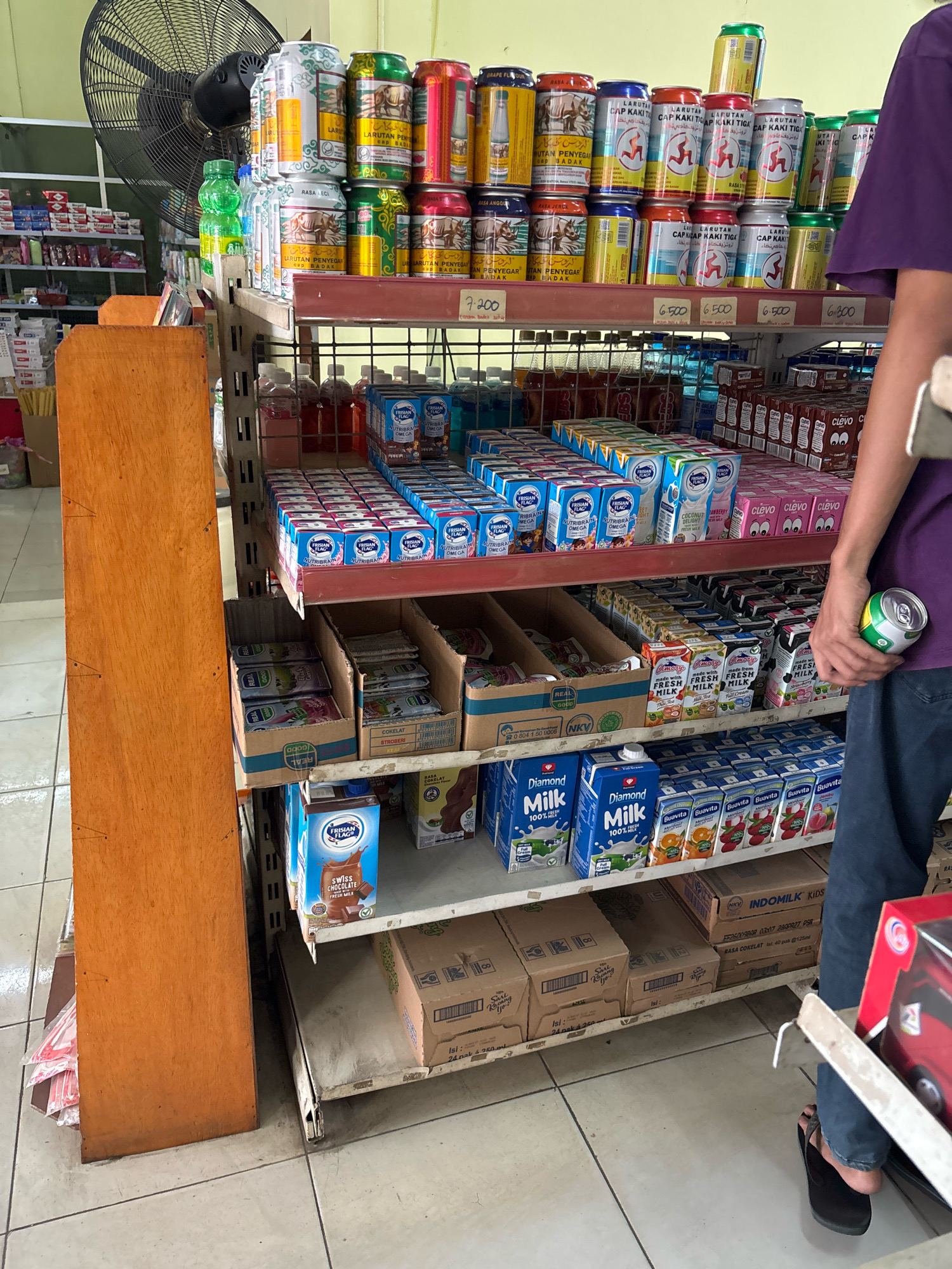 The image shows a person holding a green and yellow soda can while standing in an aisle of a small grocery store, possibly a minimarket. The shelves are stocked with various beverages, including canned drinks, milk cartons, and bottled water. There is a large black industrial fan in the background. The store appears to be located in Ngarjosari, Indonesia, given the context. The lighting is fluorescent, typical of an indoor retail environment. The person is wearing a purple t-shirt and dark blue jeans. The floor is tiled.