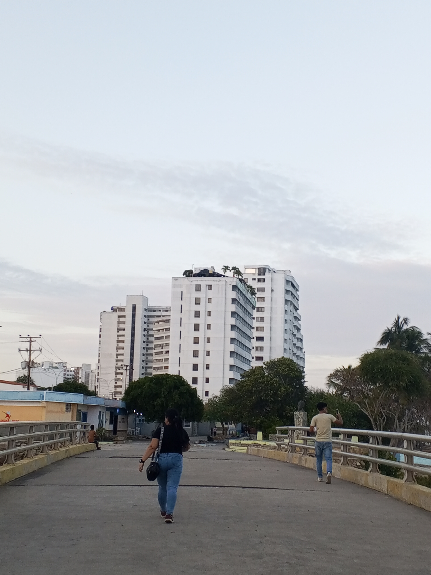 The image shows a bridge in an urban environment, with two people walking across it. One person, seen from behind, is wearing a black shirt and blue jeans and carrying a bag. The other person, also seen from behind, is wearing a beige shirt and blue jeans and holding a phone. Buildings are visible in the background, including a large white high-rise apartment complex. Trees and other vegetation are present in the scene. The sky is overcast.