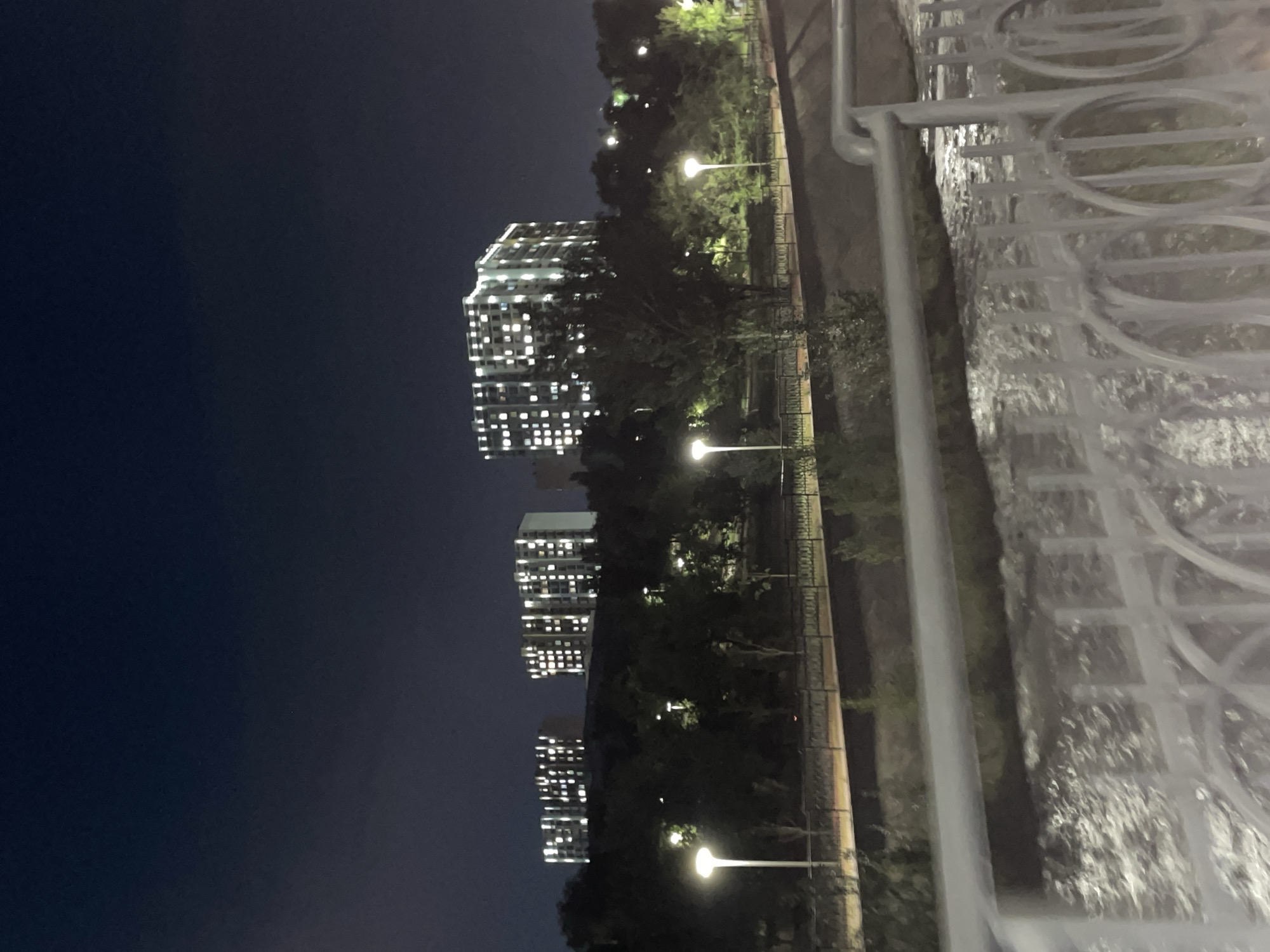 The image shows a nighttime view of a park area with a river or canal in the foreground, bordered by a decorative metal fence. Beyond the park, there are several tall, modern apartment buildings illuminated by interior lights. The sky is dark, indicating it is nighttime. The lighting in the park includes streetlights, casting a glow on pathways. The apartment buildings appear to be in a residential district. The overall scene depicts a developed urban area at night, with elements of nature (trees, water) integrated with modern architecture.