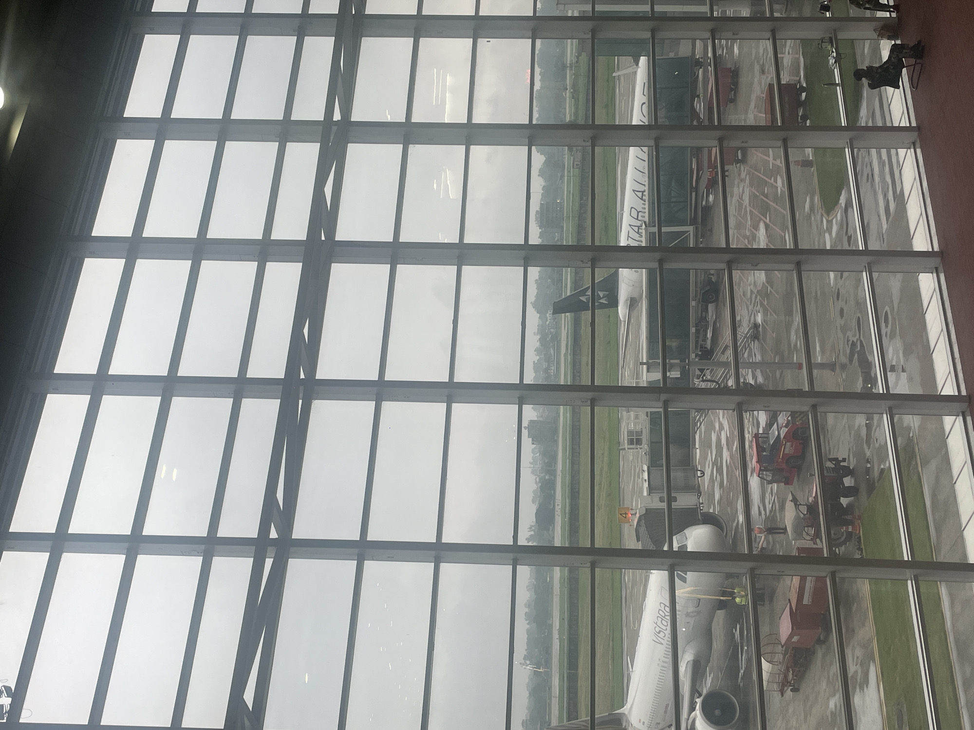 The image shows an airport tarmac viewed through a large window with a grid of metal framing. Several airplanes are parked on the tarmac. One airplane on the left has "Vistara" written on its side, and another on the right has "STAR ALLIANCE" written on its fuselage. Various airport vehicles, including baggage carts and a tow tractor, are positioned around the aircraft. Several people are visible on the tarmac, some appearing to be airport personnel and others passengers. The ground appears wet, suggesting recent rain. In the background, there is a line of trees and buildings, and the sky is overcast. The scene is observed from inside an airport terminal, with a red carpet visible in the foreground. The location is identified as Raipur Khurd, India.