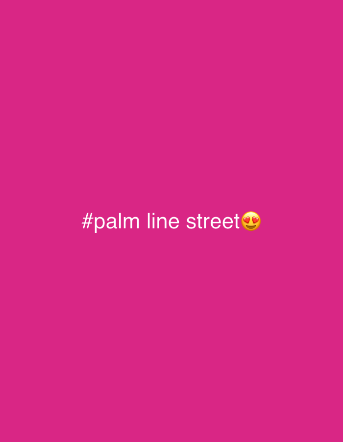 The image is a plain pink background with white text and an emoji. The text reads "#palm line street" followed by a yellow emoji with two hearts for eyes. The image does not contain any information about the city of Peyia, Cyprus.