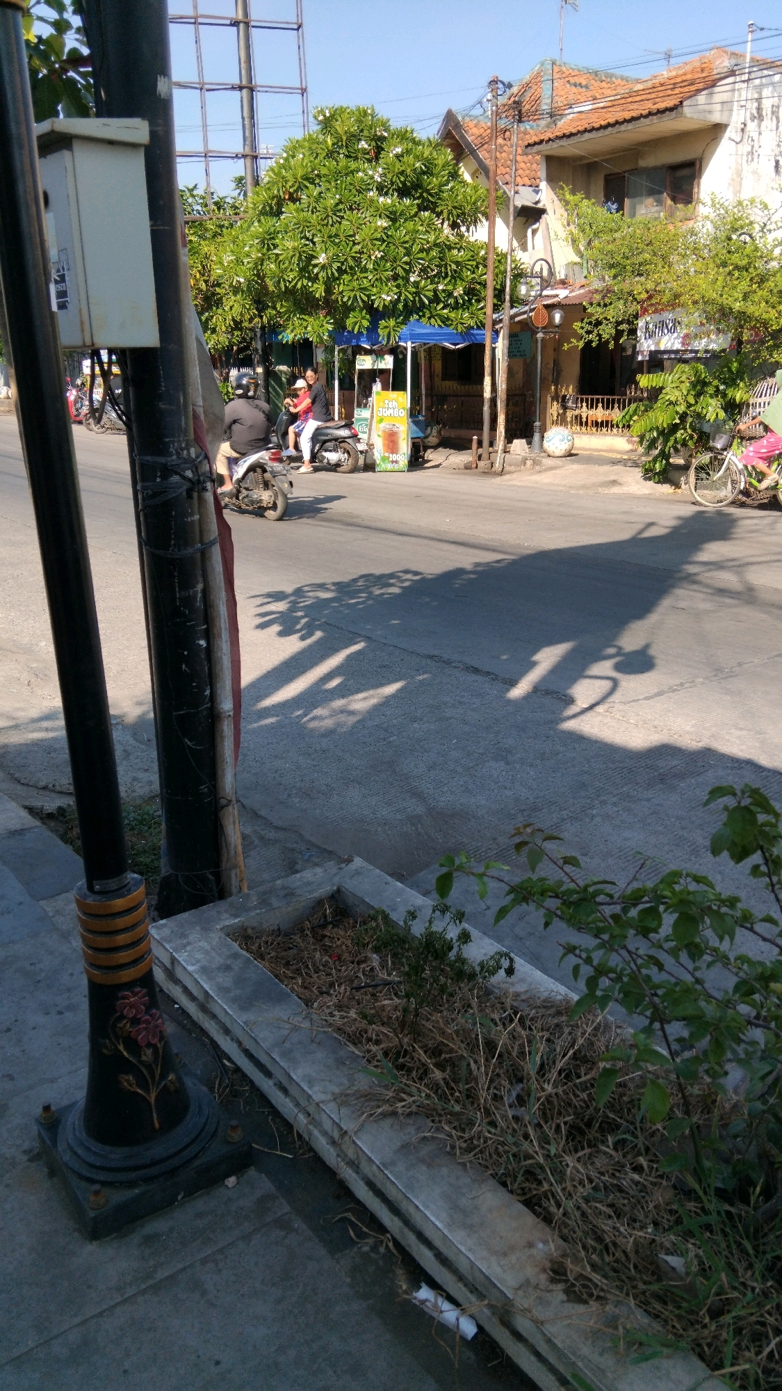 The image captures a street scene in Batang, Indonesia, with a focus on a section of the road and sidewalk on a sunny day. In the foreground, a tall black lamppost with yellow bands and floral detailing stands prominently. Adjacent to it is a concrete planter box filled with dry grass and a few green plants. The street itself is paved with asphalt, showing cracks and wear.
On the street, a motorcycle carrying two individuals, a man and a woman, is moving away from the camera. The man is wearing a helmet. Further down the road, another motorcycle is visible, and to the right, a person is riding a bicycle. There are several buildings in the background, including a two-story house with a red-tiled roof. One building has a blue awning and a sign that appears to be for a beverage stand. Trees with lush green foliage, some with white flowers, are scattered throughout the scene, casting distinct shadows on the asphalt. The sky is clear and blue, indicating good weather. The overall impression is of an ordinary day in a residential or commercial area of Batang.