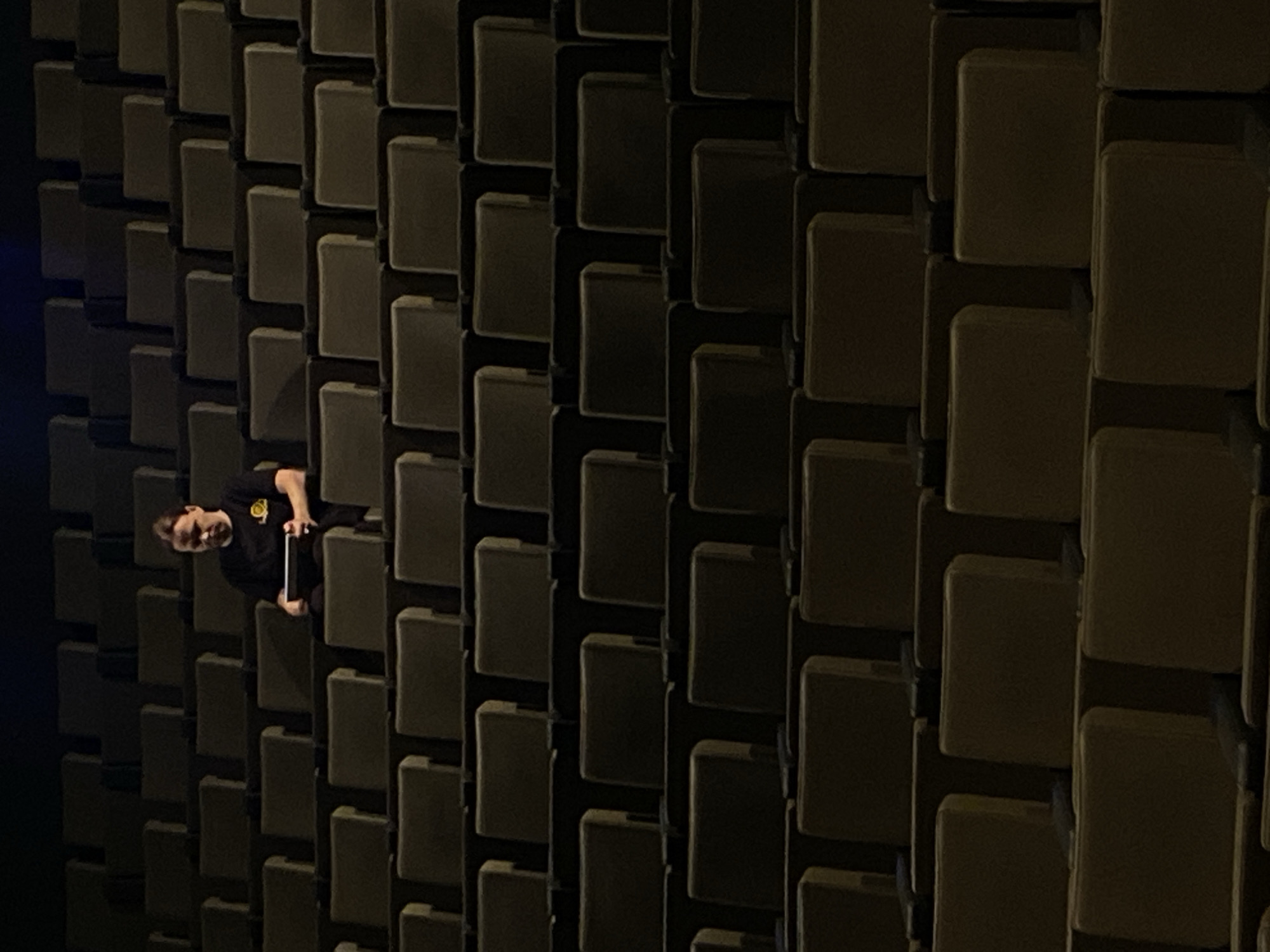 The image shows a man standing in front of a wall with a repeating pattern of rectangular protrusions. The wall is dark and the man is wearing a black shirt. The man is holding an object in his hand. The picture was probably taken in Zelenograd, Russia.