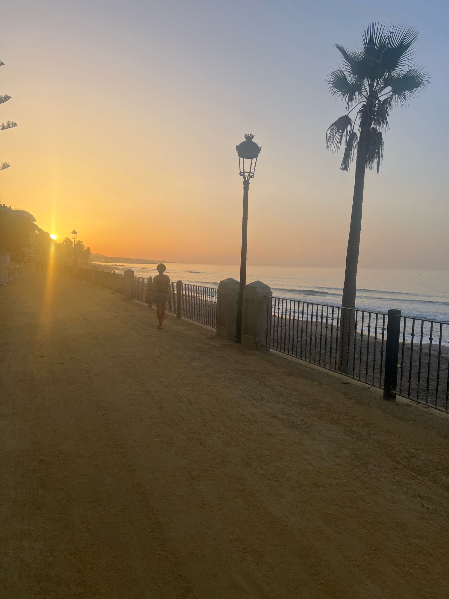 The image depicts a serene sunrise scene along the beachfront promenade in Marbella, Spain. A lone individual, silhouetted against the vibrant orange and yellow hues of the rising sun, is captured in mid-stride, seemingly jogging or walking along the sandy pathway. The path runs parallel to the Mediterranean Sea, which exhibits gentle waves lapping onto the shore. A black wrought-iron fence separates the promenade from the beach. Prominent features along the promenade include a decorative lamppost and a tall palm tree, both silhouetted against the soft gradient of the sky, which transitions from a warm yellow near the horizon to a pale blue overhead. In the background, buildings are visible along the coastline, nestled against a gentle slope. The overall atmosphere is one of tranquility and the early morning calm of a coastal city.