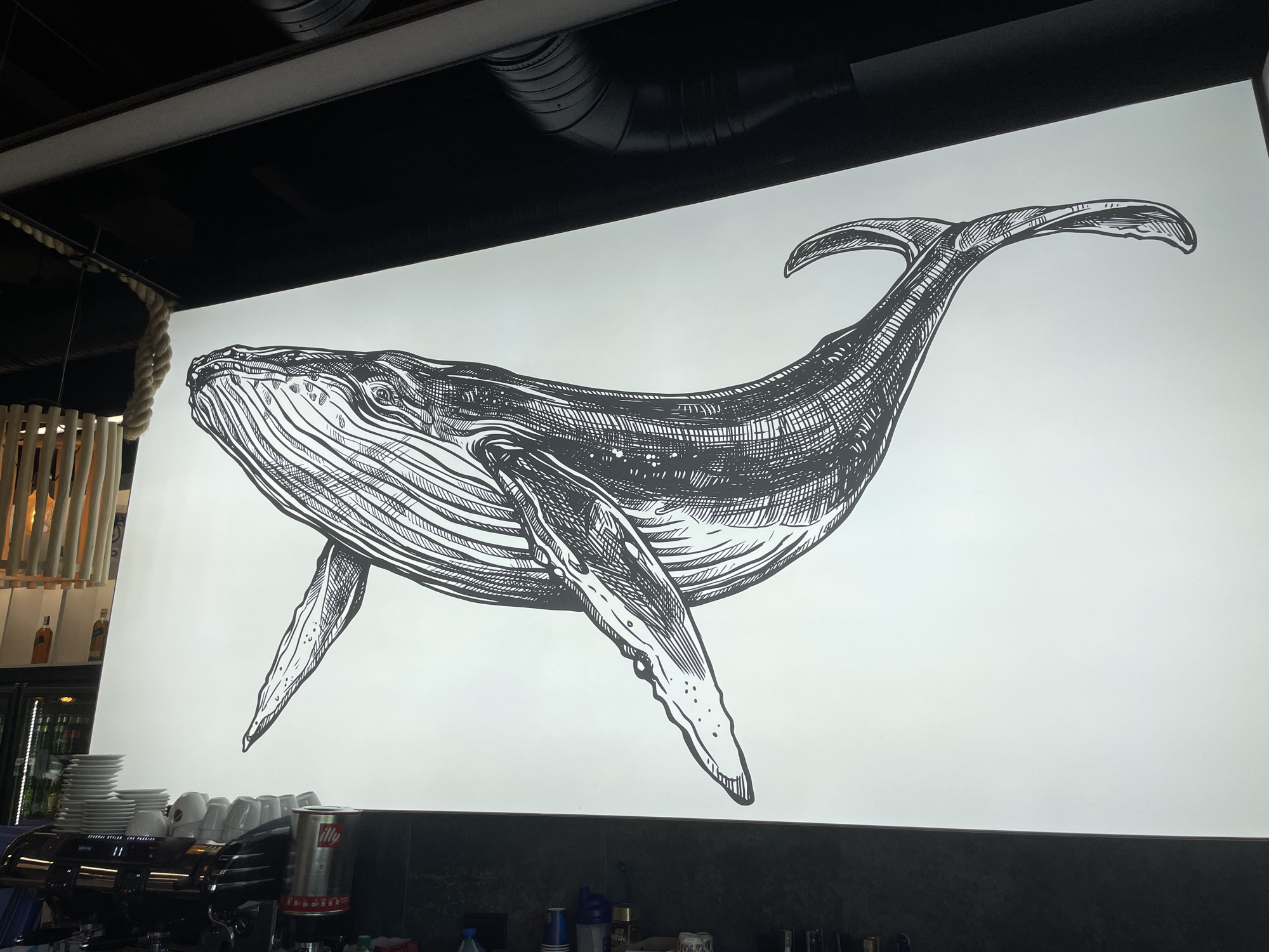 The image depicts a large, black-and-white drawing of a humpback whale on a white surface, likely a wall or panel. The drawing is detailed with intricate lines depicting the whale's anatomy. Below the drawing is a counter area featuring a coffee machine, stacked plates, cups, and various bottles and containers. The location appears to be a cafe or restaurant in the city of Unknown, Unknown. The background includes a partially visible bar area and architectural details like a rope accent and dark-colored ceiling elements with visible pipes.