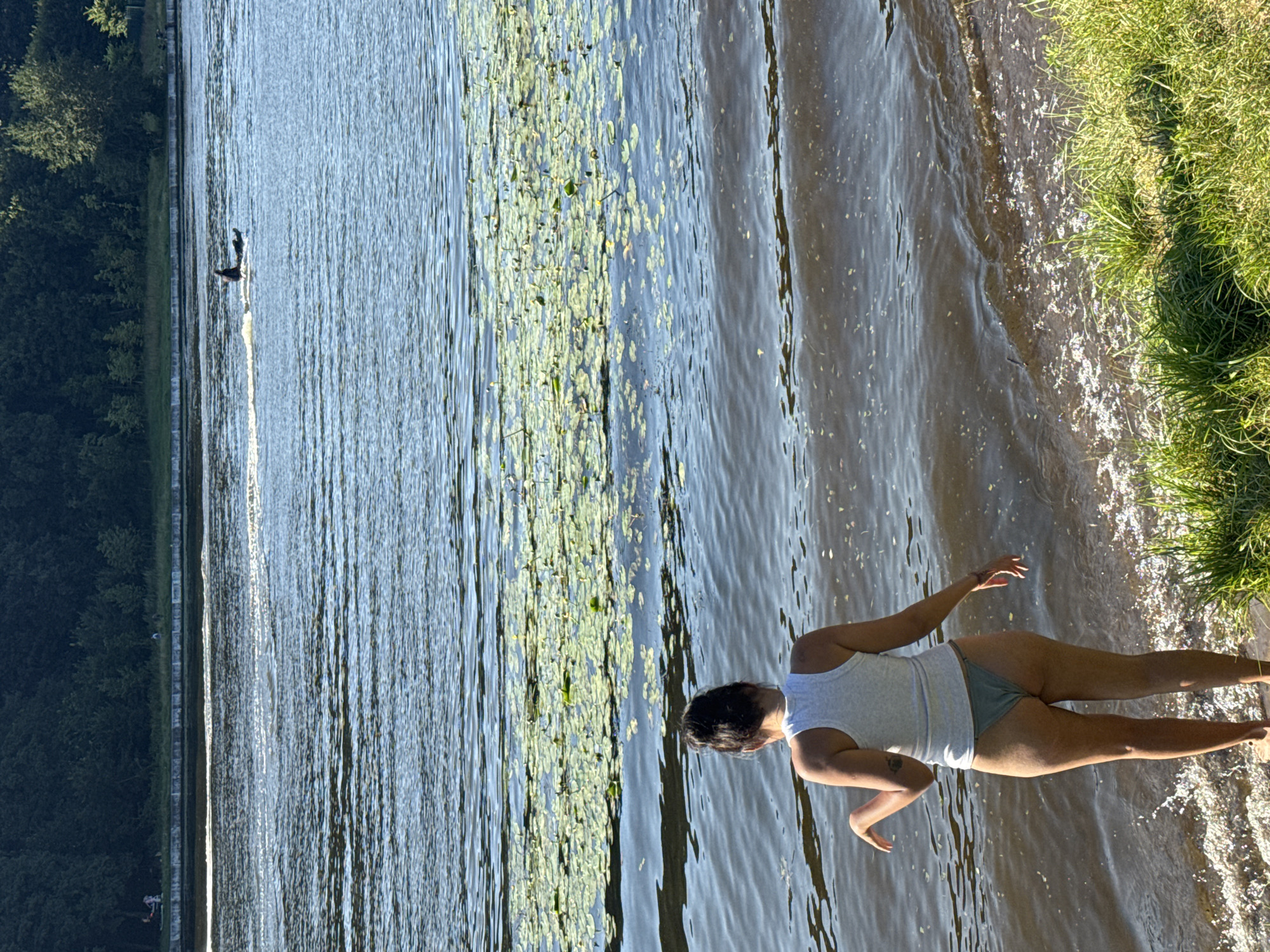 In Moscow, Russia, on a bright, sunny day, a young woman stands at the edge of a body of water. She is facing away from the camera, her back to the viewer, and is wearing a light gray tank top and green bikini bottoms. Her dark hair is pulled up in a bun. She is standing on the grassy bank, with the water lapping at her feet, where small waves are breaking. In the distance, on the water, a person is seen on a personal watercraft, creating a wake. The water is dotted with lily pads, and a dense line of trees forms the background on the far bank. The scene suggests a recreational setting, possibly a park or a beach along a river or lake.