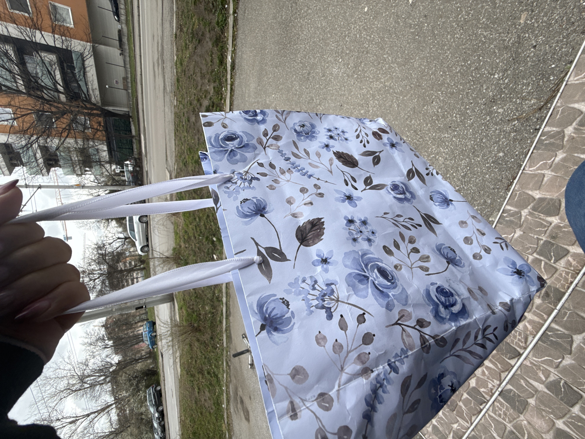 A person holds a blue floral-patterned bag with white handles. The background shows a street in Sofia, Bulgaria, with buildings and cars visible. The person is standing on a tiled surface next to a paved road. The weather appears overcast.