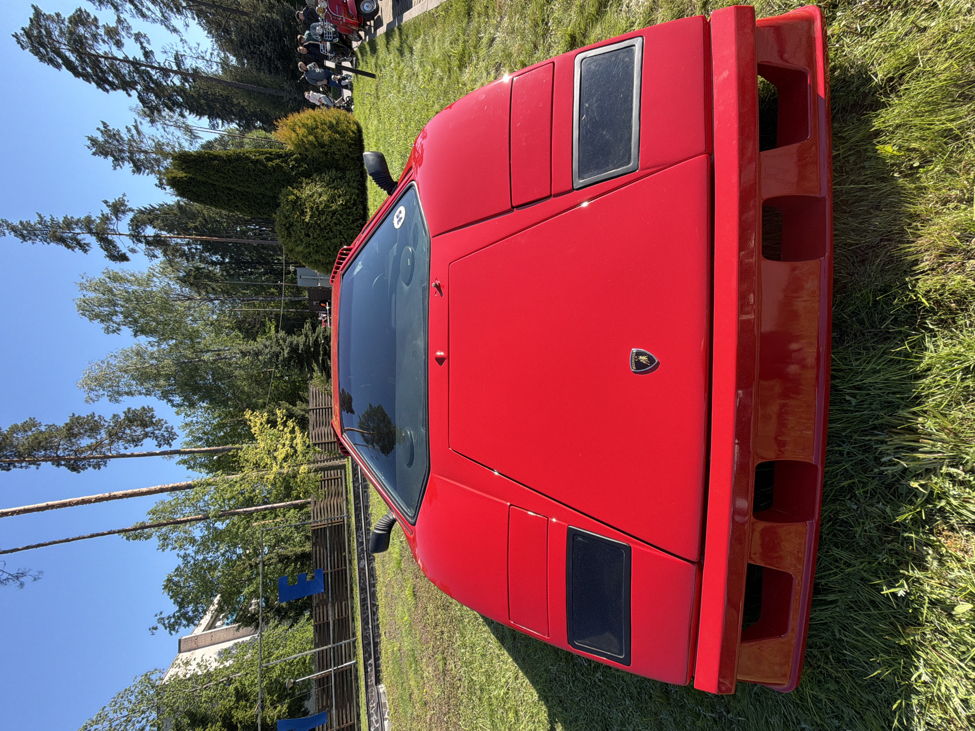 A red Lamborghini Countach is parked on a grassy surface in an outdoor setting in Repino, Russia. The car's front end is prominently displayed, featuring its distinct rectangular headlight covers and air intakes. A group of people is visible in the background near some trees and other parked vehicles. The environment includes trees, grass, and a building, suggesting a park or exhibition area. The sky is clear.