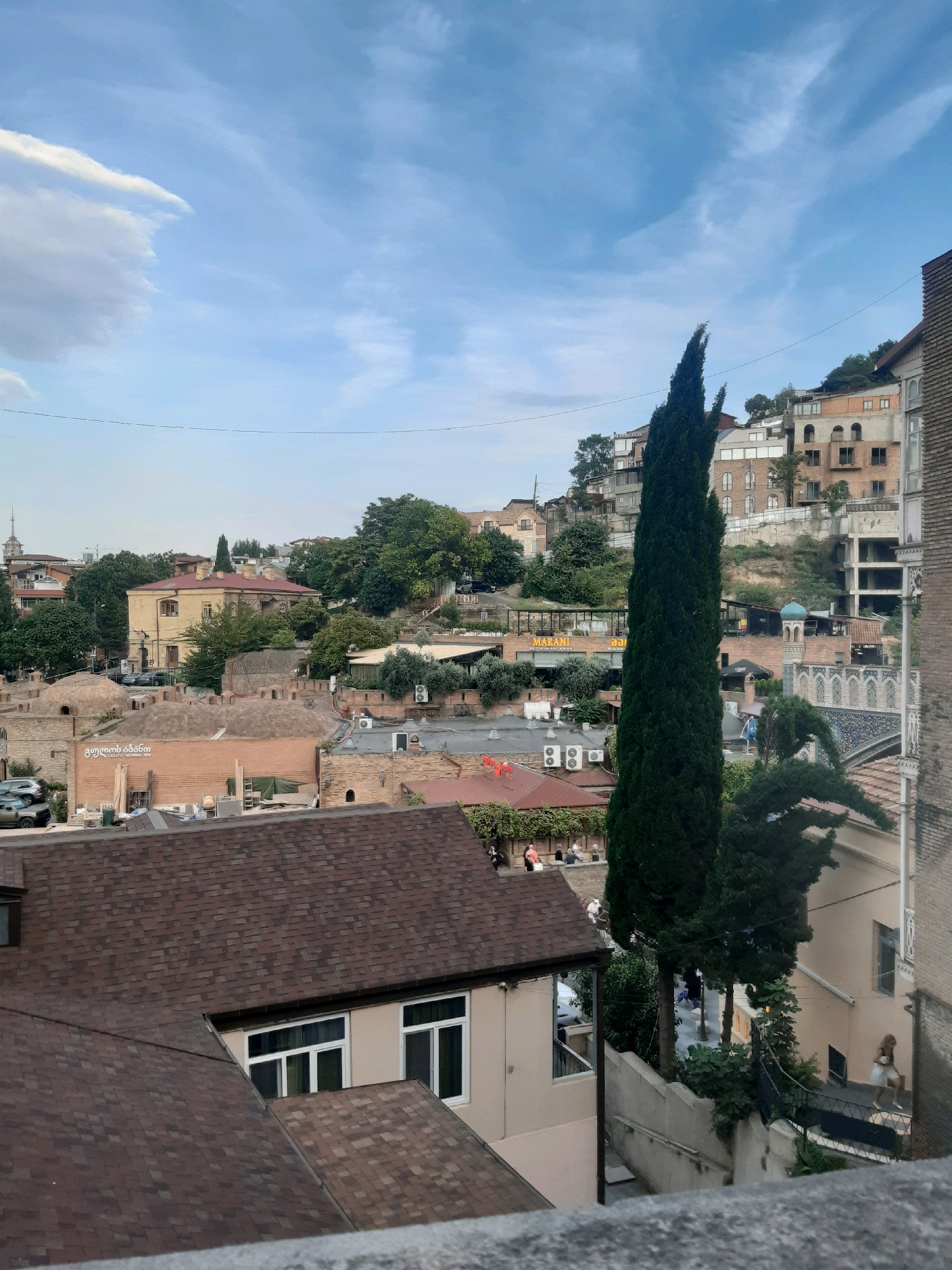This is an outdoor, eye-level, medium shot of a cityscape in Tbilisi, Georgia. The view is looking down onto a cluster of buildings with a tall, narrow evergreen tree in the foreground. The sky is a pale blue with some wispy white clouds. The buildings are of various architectural styles and colors, with many featuring red-tiled roofs. Some of the buildings appear to be residential, while others seem to be commercial, with signage visible on some. The environment is urban, with trees and vegetation interspersed among the buildings. A few people are visible walking on a street below. The overall impression is a charming and historic city scene.