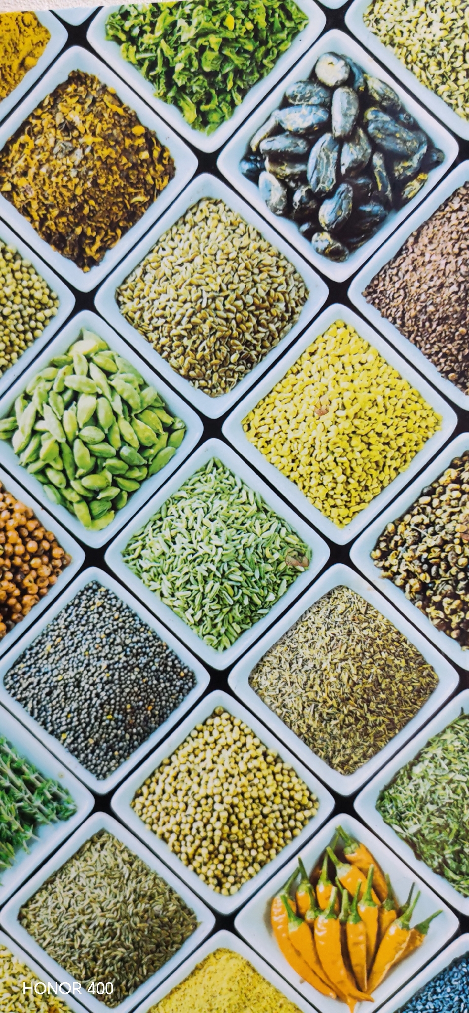 The image shows a close-up arrangement of various spices and herbs displayed in white, square bowls. The bowls are set at a diagonal, creating a diamond pattern across the frame. The ingredients vary in color and texture, ranging from whole spices to ground powders. Some of the identifiable spices include cardamom, fennel seeds, mustard seeds, fenugreek, and chilies. The image composition and subject matter suggest this could be a decorative display in a spice shop or market setting. There is no information to place this image in the city of Noviy, Russia.