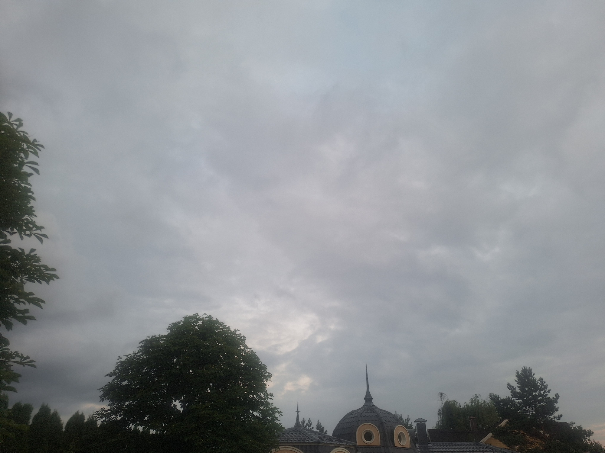 The image depicts a cloudy sky above a residential area in Mishutkino, Russia. The sky is predominantly filled with overcast, gray clouds, with some lighter patches suggesting diffused sunlight. In the foreground, the upper portions of trees with dark green foliage are visible on the left and right sides of the frame. The tops of several buildings with dark roofs and distinctive architectural features, including spires and circular windows, are also visible. The overall scene suggests a possibly overcast or approaching rain condition in a suburban or semi-rural environment.