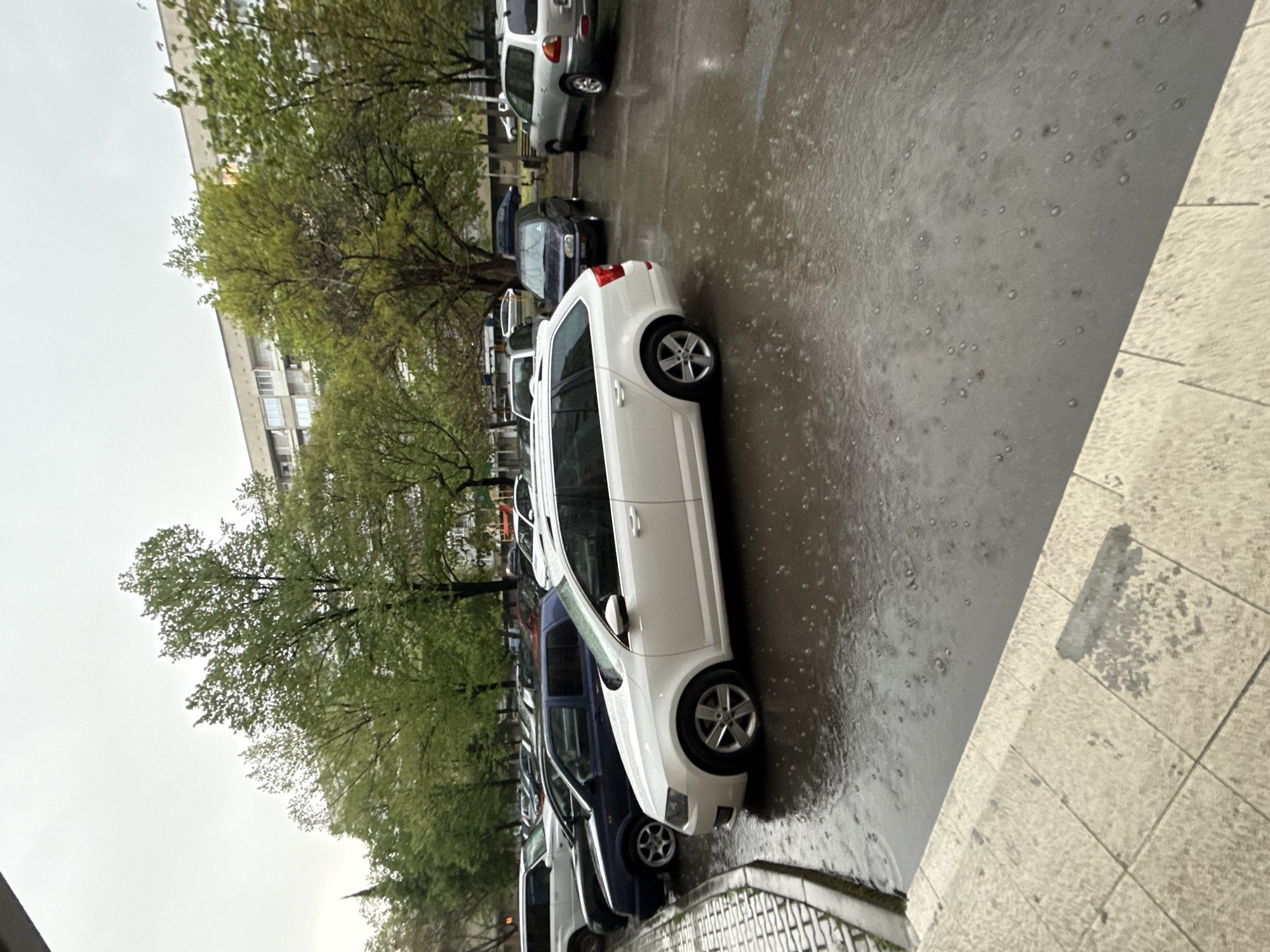 The image, taken in Stara Zagora, Bulgaria, captures an urban street scene on an overcast and rainy day. The ground where cars are parked is dark and visibly wet, with numerous small circles and ripples indicating active rainfall.
Several vehicles are parked in a row along the street. In the immediate foreground, a white five-door hatchback (possibly an Opel model) is prominently visible, facing towards the right. Its front wheel and a portion of its side body reflect the wet surroundings. Behind it, a dark blue compact car, possibly a Volkswagen Golf, is parked, followed by a silver SUV further down the street. Other cars are partially visible in the background.
To the left of the parked cars, a line of trees with abundant green leaves suggests a spring or summer season. These trees partially obscure a multi-story residential building in the background, which features multiple windows and balconies. The sky is uniformly grey and cloudy, indicating overcast weather conditions.
In the bottom right corner, a light-colored sidewalk, made of square tiles or concrete slabs, provides a contrast to the dark, wet street. No people are visible in the scene, and there is no discernible text on any objects or surfaces. The overall impression is one of a quiet, rainy day in a residential urban area.