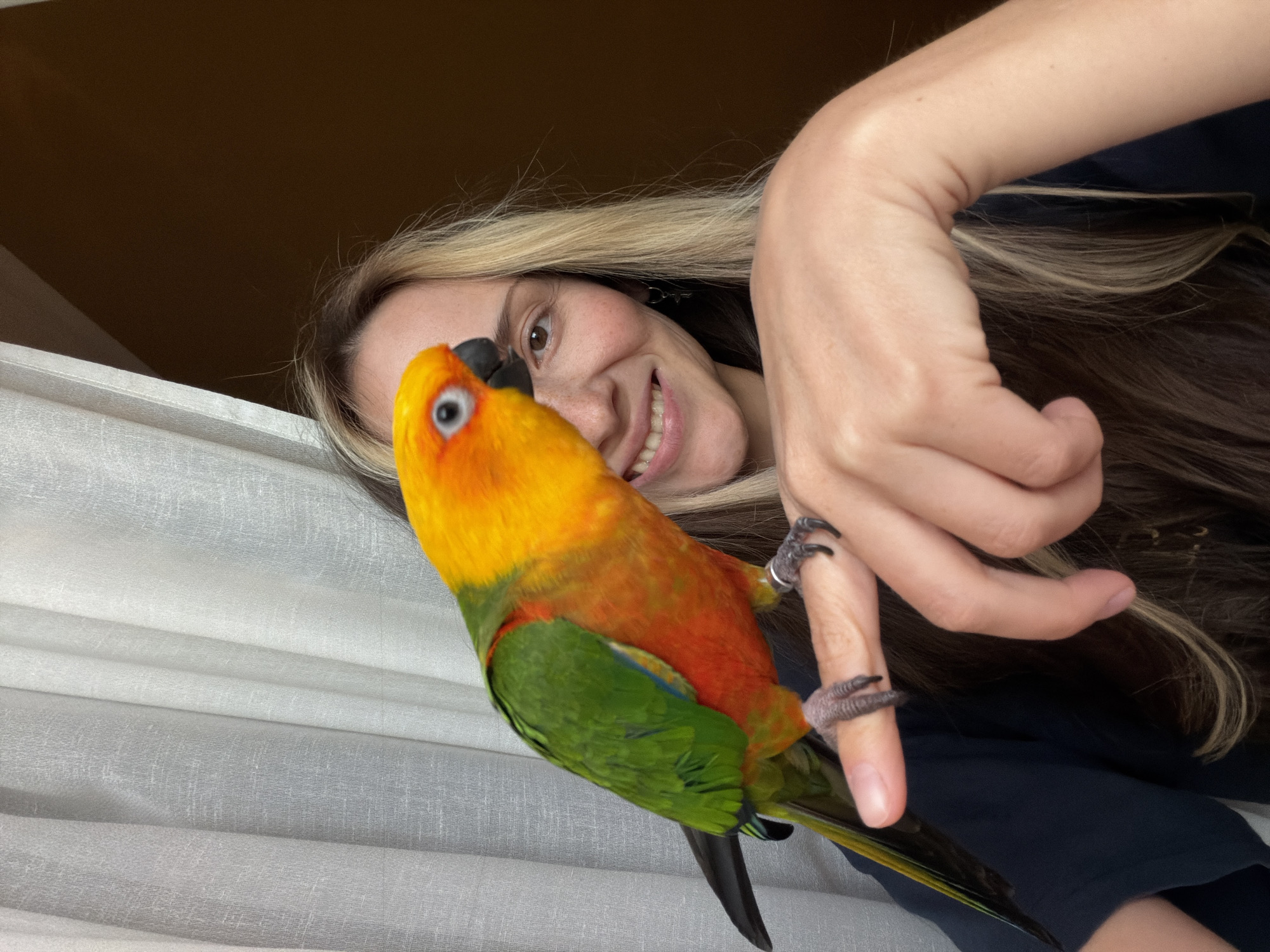A medium shot captures a Sun Conure perched on a woman's finger, with the bird's vibrant green and orange plumage contrasting with the woman's blonde hair and smiling face. The woman, looking at the camera, has a few freckles and is wearing a dark shirt. Behind them, a sheer white curtain hangs to the left, and a dark brown background occupies the right side of the frame. The scene appears to be indoors, potentially a living room or bedroom, as indicated by the soft lighting and domestic setting. The location in Khimki, Russia, is not discernible from the visual cues in the image.