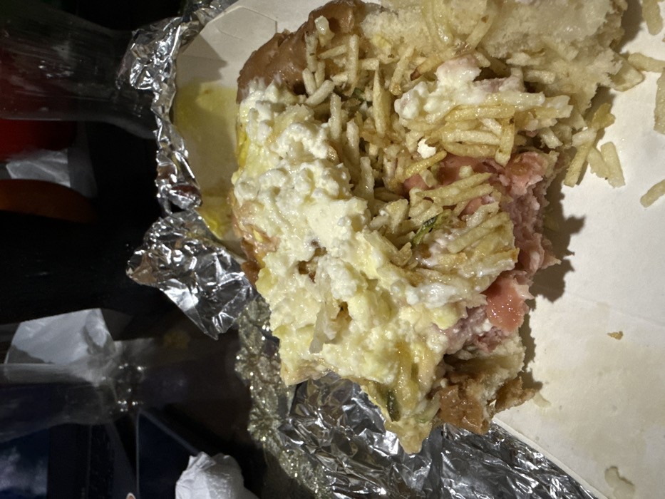 A partially eaten hot dog is piled high with toppings. Shredded potato sticks are scattered across the top and sides. A generous portion of creamy white sauce covers much of the hot dog. The bun is visible beneath the toppings and appears slightly soggy. The hot dog sits inside a foil-lined container, with a white cardboard side visible. The background includes crumpled foil and dark, blurry objects.