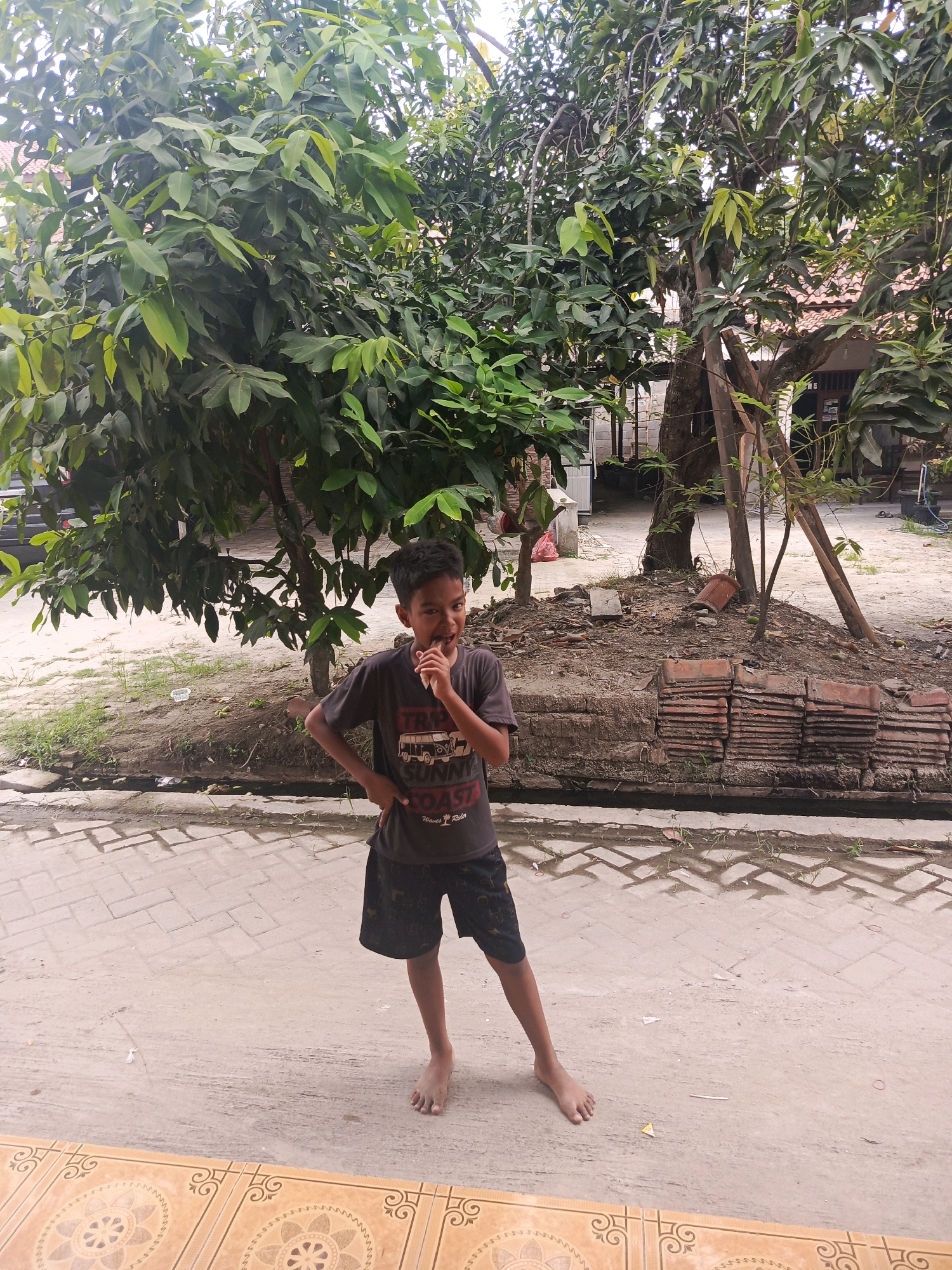 In Balaraja, Indonesia, a young boy stands barefoot on a paved walkway. He is wearing a dark grey t-shirt with a graphic print and dark shorts. His right hand is on his hip, and his left hand is near his mouth, holding what appears to be a piece of food. The boy is positioned in front of a lush green tree with dense foliage. Behind the tree, there is a dirt area with a stack of red tiles and some debris. Further in the background, a building with a red tiled roof is visible. The walkway is made of interlocking grey pavers, and there is a drainage ditch running along the edge of the paved area. The overall environment suggests an outdoor, residential setting.