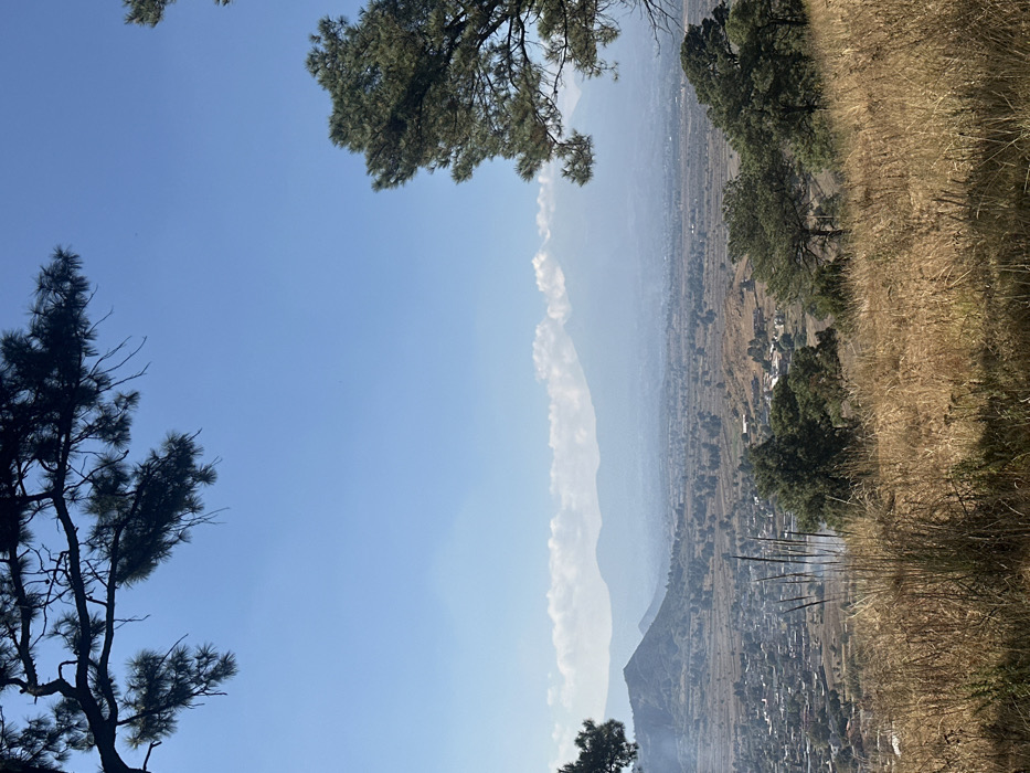 The image shows a valley with a long, thin cloud formation in the distance. Trees frame the sky in the upper left and upper right corners of the image. The ground in the right of the picture is covered in tall grass and the valley below has what appears to be a town within it. The sky is blue with some haze visible in the distance.