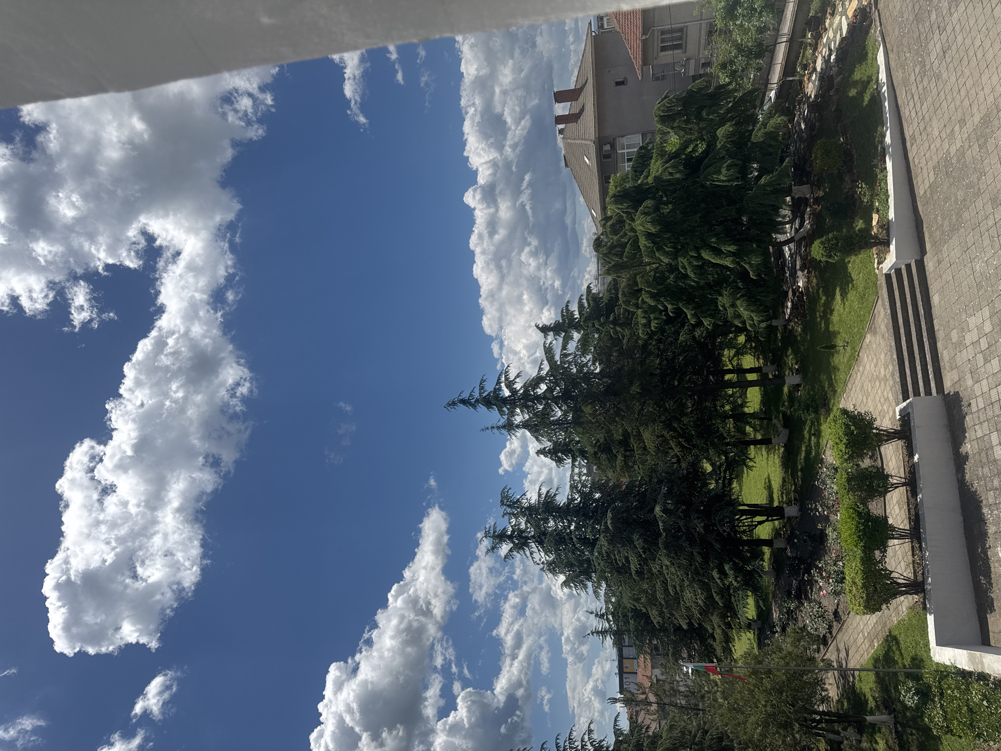 The image shows a view from an elevated position, possibly a window, overlooking a cityscape of Elhovo, Bulgaria. A portion of a building or structure with a white border is visible at the top of the frame, indicating an enclosed space. The sky dominates the left side of the image, filled with fluffy white cumulus clouds against a bright blue backdrop. On the right, there are several tall, green coniferous trees positioned adjacent to a park or garden. A walkway or tiled area is present next to the park. In the background, there is a building with a grey exterior. A Bulgarian flag is also partially visible.