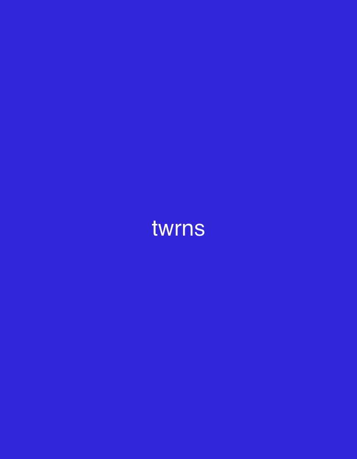 The image features a solid, uniform deep blue background. Centered horizontally and slightly above the vertical midpoint, the word "twrns" is displayed in white, lowercase, sans-serif typography. There are no discernible people, additional subjects, physical objects, actions, or interactions depicted in the image. The environment is a plain, monochromatic blue field, devoid of any specific geographic or architectural features. The image provides no visual indicators, landmarks, or contextual clues to determine its location within the city of Casablanca, Morocco, or any other specific geographical area.