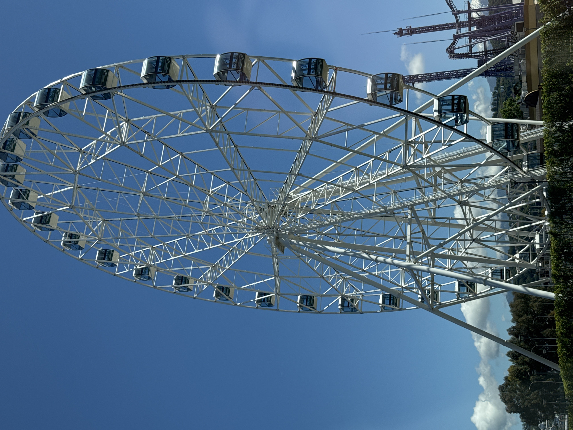 This media file presents a brightly lit outdoor scene dominated by a large white Ferris wheel against a clear blue sky. The image is oriented sideways, with the Ferris wheel appearing to lean sharply to the left.
The Ferris wheel, the primary subject, features an intricate white metal lattice structure forming its circular frame and spokes. Numerous enclosed passenger cabins, each with reflective glass panels, are attached along its circumference. These cabins show reflections of the sky and surroundings. On the reflective surfaces of some cabins, inverted text or a logo is visible, which appears to be a brand name resembling "MADAGASCAR," although it is difficult to decipher clearly due to reflections and perspective.
In the background, behind the Ferris wheel and towards the upper right of the frame, a dark-colored rollercoaster with its complex track and support towers is visible. Below the rollercoaster, and along the bottom right edge of the image (when viewed upright), are lush green trees and foliage, suggesting a park or landscaped area.
The weather is sunny with a clear blue sky, although some scattered white clouds are present in the background. The bright lighting indicates it is daytime, likely midday or early afternoon. The presence of both a large Ferris wheel and a rollercoaster strongly suggests an amusement park or entertainment complex, consistent with the given location context of Sirius, Russia. No people are explicitly visible in the image.