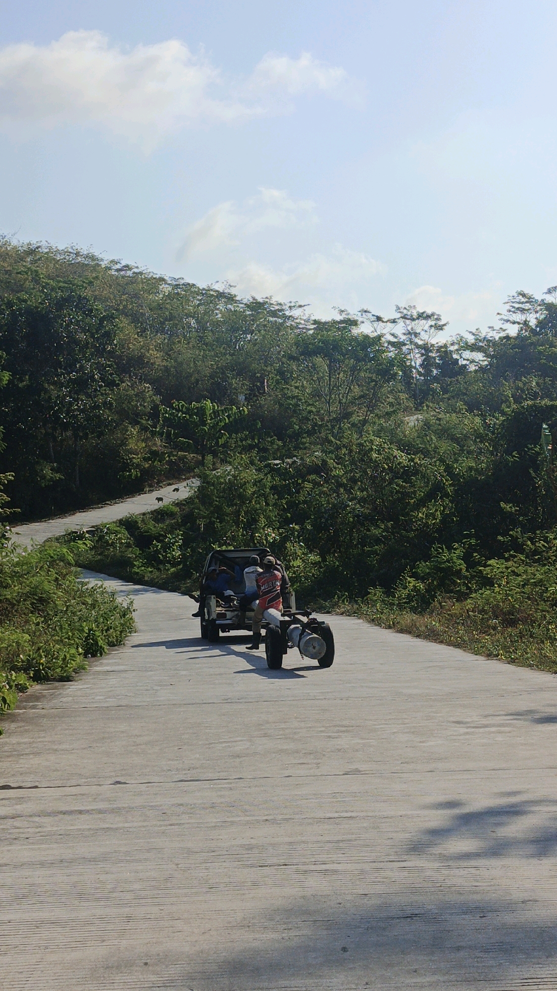 The image depicts a paved road winding through a lush, green environment with dense trees on either side. The sky above is a pale blue with scattered white clouds. In the foreground, a small utility vehicle, possibly a modified jeep, is driving up the road. Several people are seated in the back of the vehicle. Attached to the rear of the vehicle is a two-wheeled trailer. Further up the road, a group of animals, possibly goats or sheep, are visible on the pavement. The overall scene suggests a rural or semi-rural setting in Indonesia, consistent with a location like Desa Batukaras.