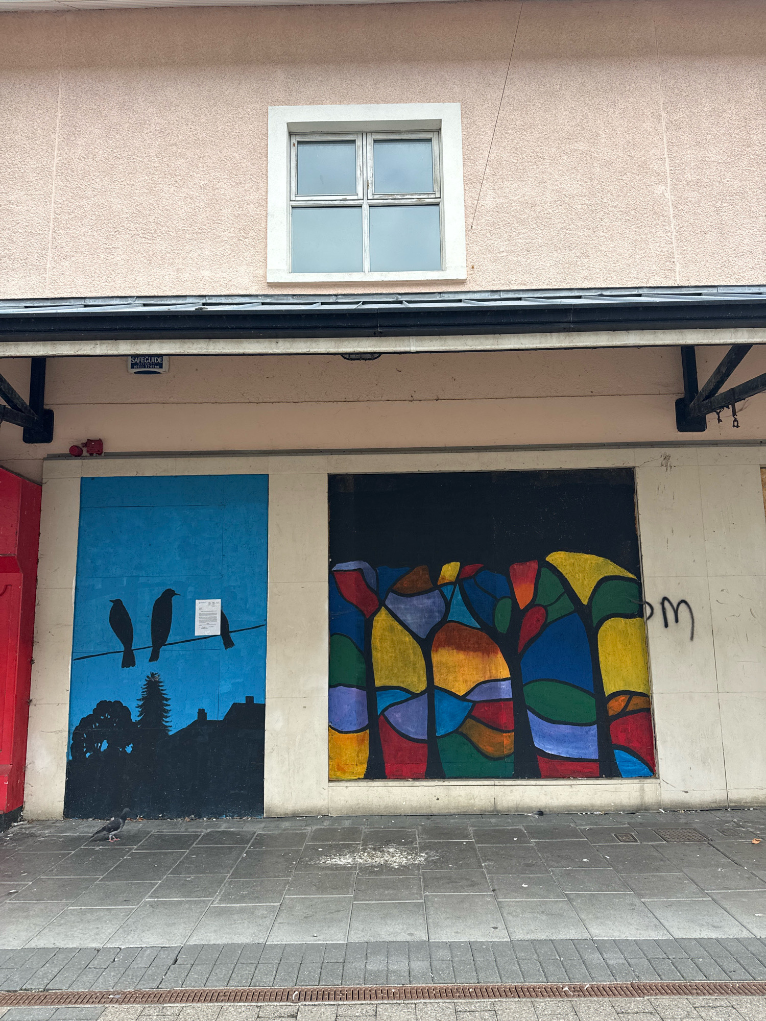 A medium shot captures the boarded-up windows of a commercial building on a street in Clonmel, Ireland. The building's facade is a pale pink textured stucco with a single window near the top. Below the window, a black awning stretches across the front, supported by dark brackets. The ground floor features two large boarded-up windows, each decorated with colorful murals. The left window displays a blue background with a silhouette of houses, a tree, and three birds perched on a wire. The right window features a stained-glass-like mural of colorful abstract shapes. A pigeon stands on the gray, paved sidewalk in front of the building. The pavement is slightly damp and shows signs of wear. A red fire alarm is visible on the wall to the left of the blue mural. Graffiti, including what appears to be an "m," is present on the wall to the right of the colorful mural. The overall scene suggests a commercial area with some evidence of recent disuse or closure, enhanced by the artistic intervention on the boarded windows.