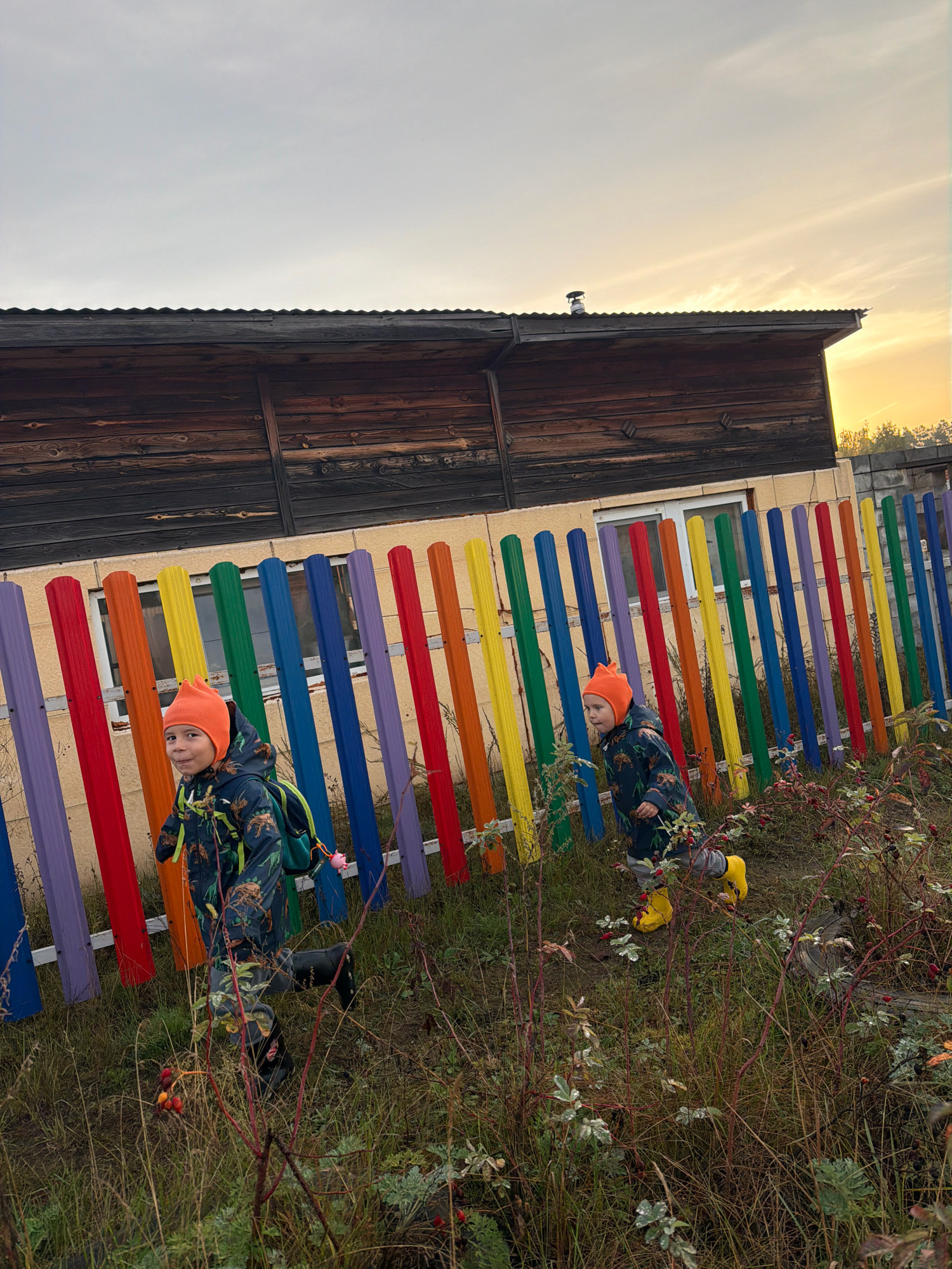 The image captures two young children, likely siblings, in an outdoor setting with a colorful wooden fence and a weathered building. The child in the foreground, on the left, is looking towards the camera with a slight smile. They are wearing a patterned jacket, a bright orange beanie, and dark boots, and carrying a backpack. The second child, further back and on the right, is in motion, also wearing a similar outfit and yellow boots. The fence is made of vertical wooden planks painted in a rainbow of colors: purple, blue, green, yellow, red, and orange. Behind the fence is a building with a dark, wooden exterior and a corrugated metal roof. The sky above is overcast with hints of warm sunset colors. The ground is covered in grass and dense vegetation with some berries visible, suggesting an autumn season. The overall scene appears to be in a residential or recreational area in Chaikovsky, Russia, possibly a kindergarten or schoolyard, given the colorful fence and the presence of young children. The lighting suggests it's late afternoon or early evening, with the sun low on the horizon.