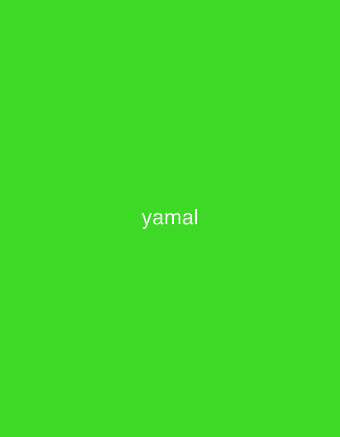 The image displays a solid, vibrant lime green background. In the center of the frame, the word "yamal" is written in white, sans-serif lowercase letters. There are no other discernible subjects, objects, activities, or notable details such as time of day, weather, or specific location cues. The image is minimalist, focusing solely on the text against the plain colored backdrop.