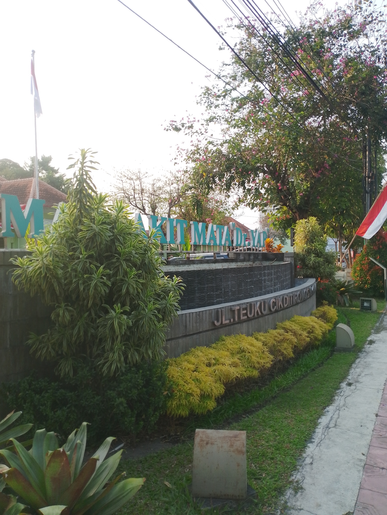 The image captures a scene in front of a building with a prominent sign that reads "MAKMUR JAYA". The sign is in turquoise capital letters against a grey stone wall. Below the sign, there is a tiered water feature with dark grey textured panels. A curved metal plaque on the lower wall is inscribed with "JL. TEUKU CIK DITIRO NO.1".
In front of the sign, a lush, multi-branched green plant with variegated leaves stands tall. To the right of this plant, there is a line of bright yellow-green bushes. The ground is covered with grass, and a concrete walkway with a reddish-brown tiled edge runs along the right side of the image.
A large tree with green foliage and scattered pink flowers is visible in the background, partially obscuring overhead power lines. An Indonesian flag, red and white, is flying from a flagpole on the left side of the image. Another, smaller Indonesian flag is positioned on a pole to the right of the water feature. The sky is bright and overcast, suggesting either early morning or late afternoon light. A rectangular concrete structure is placed in the grass on the left side of the walkway. Several other plants, including a spiky green plant with reddish undertones, are visible in the foreground. The overall impression is an outdoor public space, possibly the entrance to an office or institution. The inscription on the plaque indicates the location is on Teuku Cik Ditiro Street, number 1.