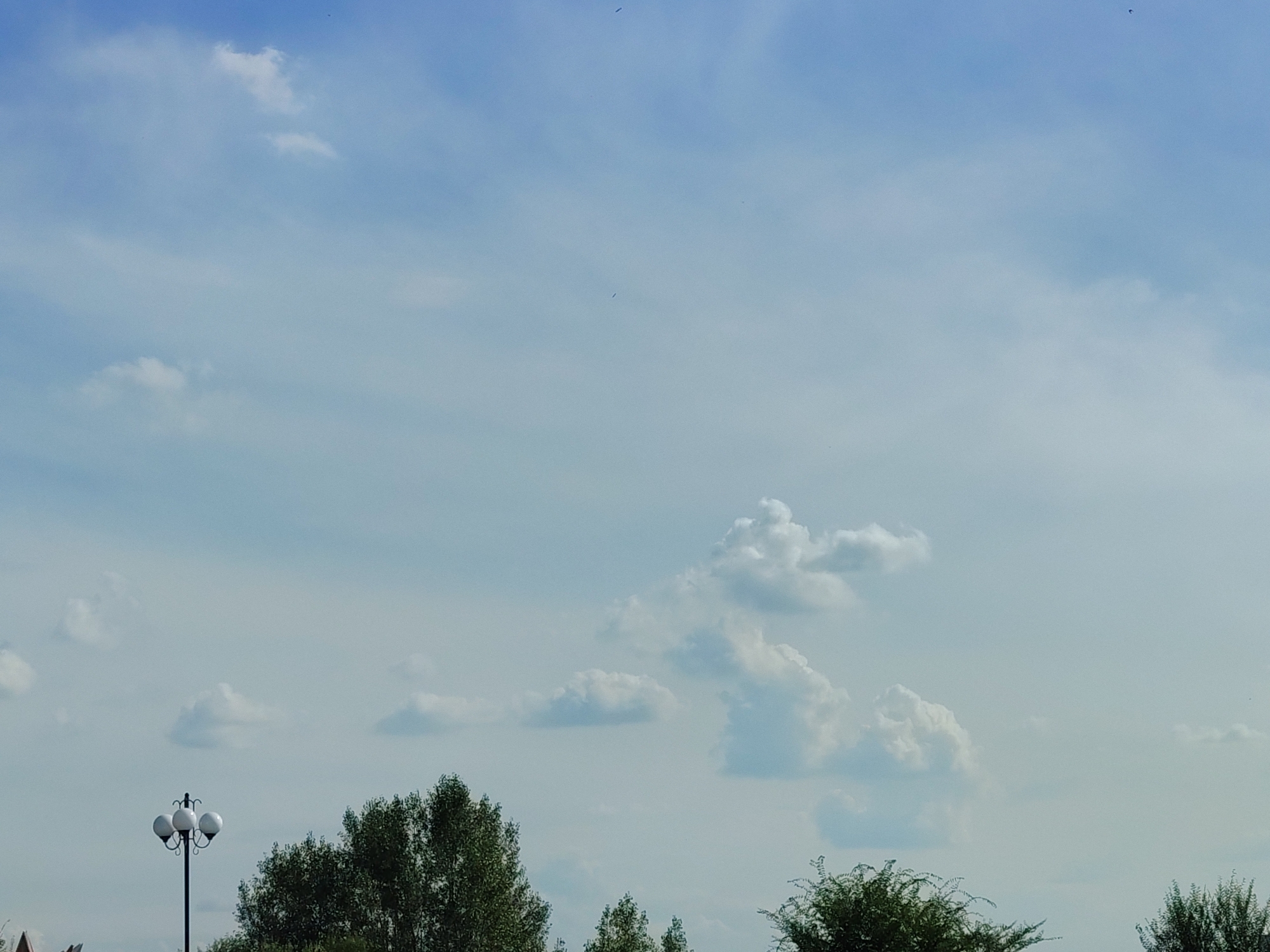 The image captures a sky filled with scattered, wispy clouds. The blue sky is predominantly visible, with some lighter, hazy areas suggesting a sunny but possibly humid day. In the lower portion of the frame, a tall, dark lamppost with three white globe lights stands prominently on the left. To the right of the lamppost, dense green foliage from trees occupies the bottom edge of the image, with more trees visible further to the right, their leaves appearing light green and textured. The overall scene is an outdoor view, likely from a park or open area, with the sky as the dominant element. The lamppost and trees suggest an urban or semi-urban environment.
