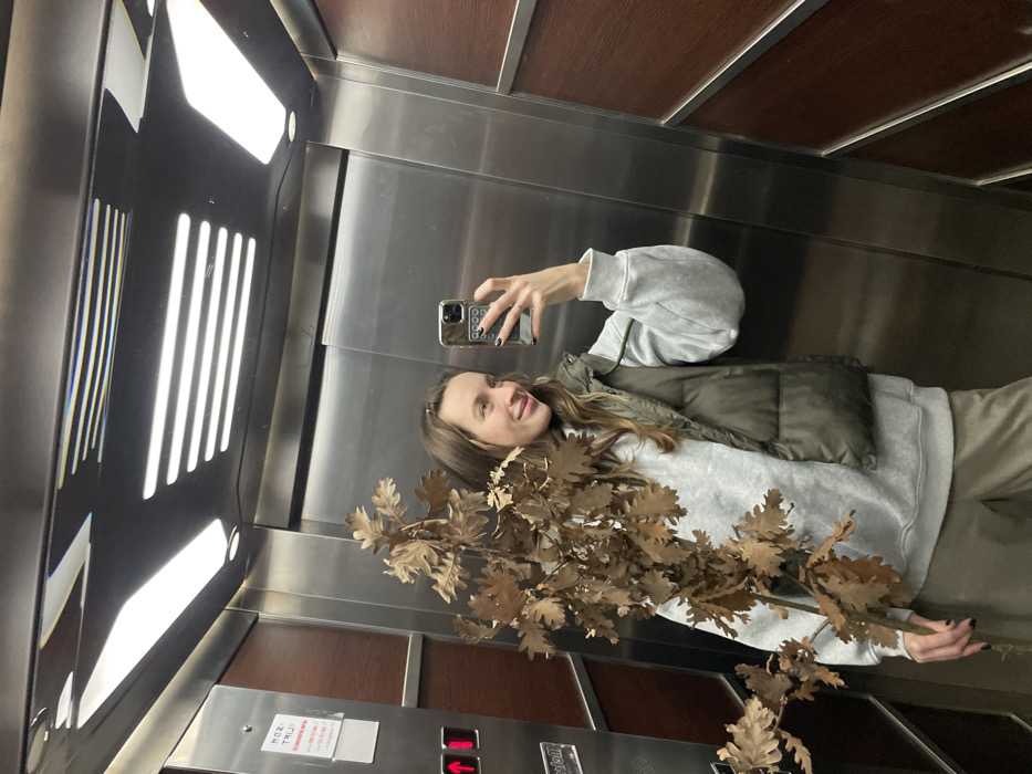 The scene depicts a female subject taking a mirror selfie inside an elevator. The elevator is located in Budva, Montenegro, as indicated by a "MONTE LIFT" service sign with contact information (+382 67 222 988) on the left stainless steel wall. The elevator interior features stainless steel paneling on the left and rear, dark wooden paneling on the right, and a reflective black ceiling with integrated linear lighting. The subject, with long brown hair, is dressed in a light grey hooded sweatshirt, an olive green puffy vest, and light brown trousers. She holds a large cluster of dried oak branches with brown leaves in her left arm. Her right hand holds a smartphone with a dark patterned case, capturing her reflection. A ring is visible on her right ring finger, and her fingernails are painted dark. Her facial expression is a slight smile.