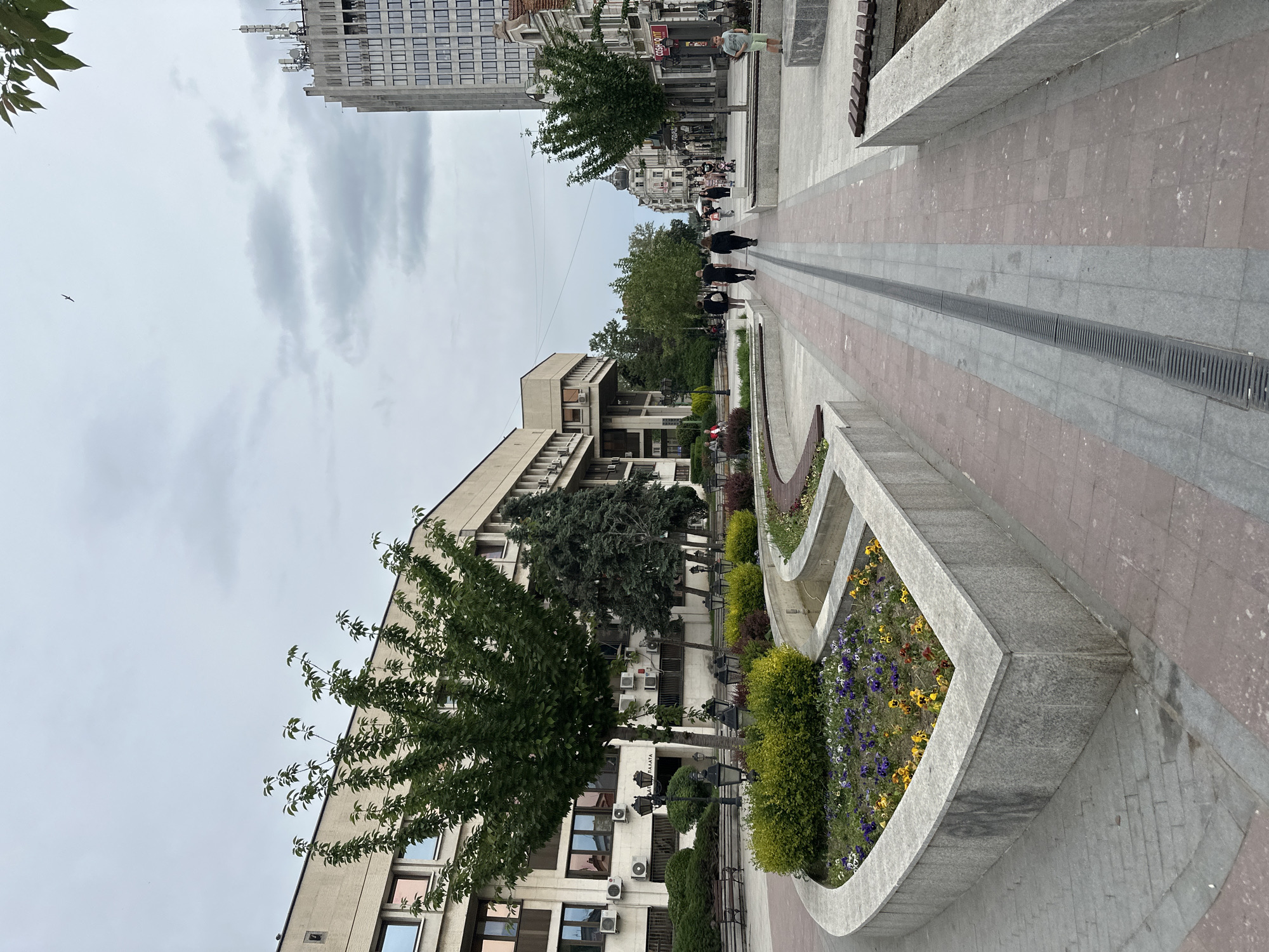 The image depicts a street scene in Vidin, Bulgaria. In the foreground, there is a planter bed with flowers and greenery. A wide paved walkway extends into the distance with a narrow drainage channel running along the center. People are walking along the walkway. Buildings are visible on both sides of the walkway. The sky is overcast. The buildings are primarily concrete structures with windows and some architectural details.
