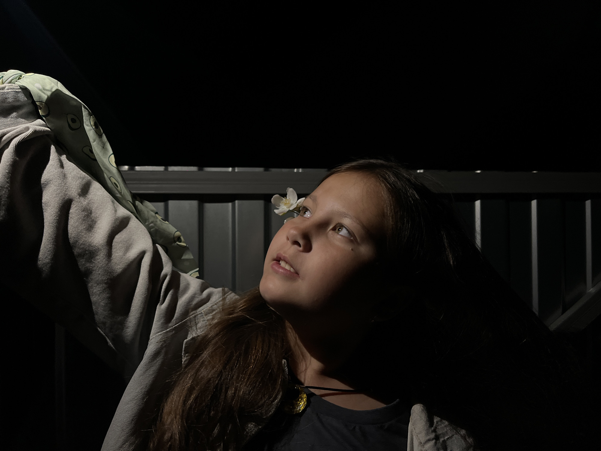 A medium shot captures a young girl, likely a pre-teen, looking upwards with a contemplative expression. Her long, dark brown hair frames her face, which is partially illuminated by a strong, directional light source from above and to her left. A small white flower with a yellow center rests delicately on her forehead, near her eyebrow.
She is wearing a dark t-shirt and a light-colored jacket or shirt. A black cord necklace with a golden, circular medallion is visible around her neck. A light green fabric patterned with dark shapes, possibly avocados, is draped over her left shoulder and upper arm.
The background is predominantly dark, suggesting a nighttime or very dimly lit environment. Faintly visible behind her is a dark, slatted structure, resembling a fence or railing, indicating an outdoor or semi-outdoor setting. The strong lighting creates clear highlights on her left cheek and forehead, and deep shadows on her right side, emphasizing her upward gaze. Her eyes reflect the light source, appearing bright. No visible text is present in the image.