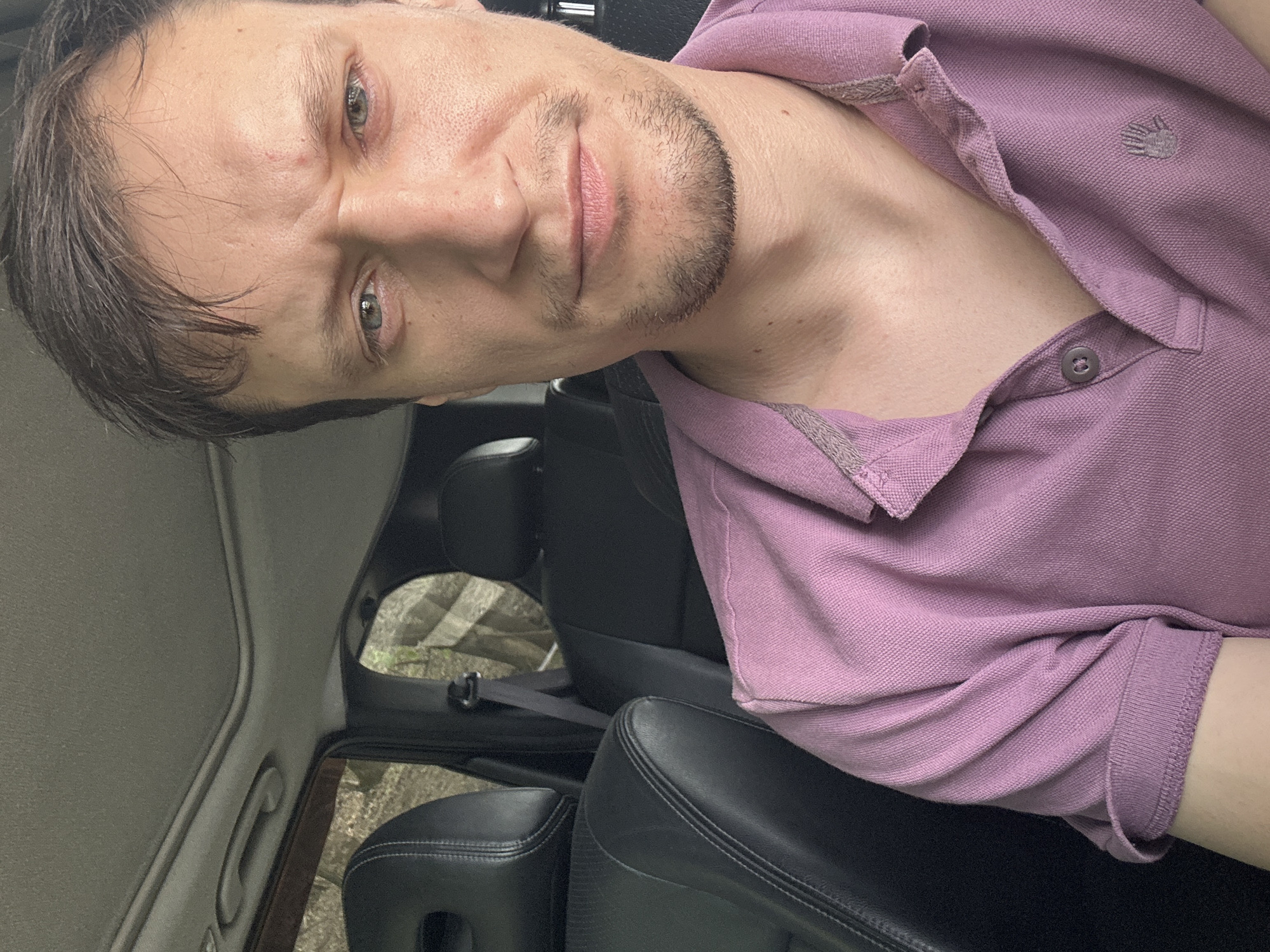 A man with short brown hair and a light beard is sitting in the driver's seat of a car. He is wearing a light purple polo shirt. The interior of the car is visible, including the black leather seats and the sunroof. The windows are down, and trees and a fence are visible outside. The man's facial expression is neutral.