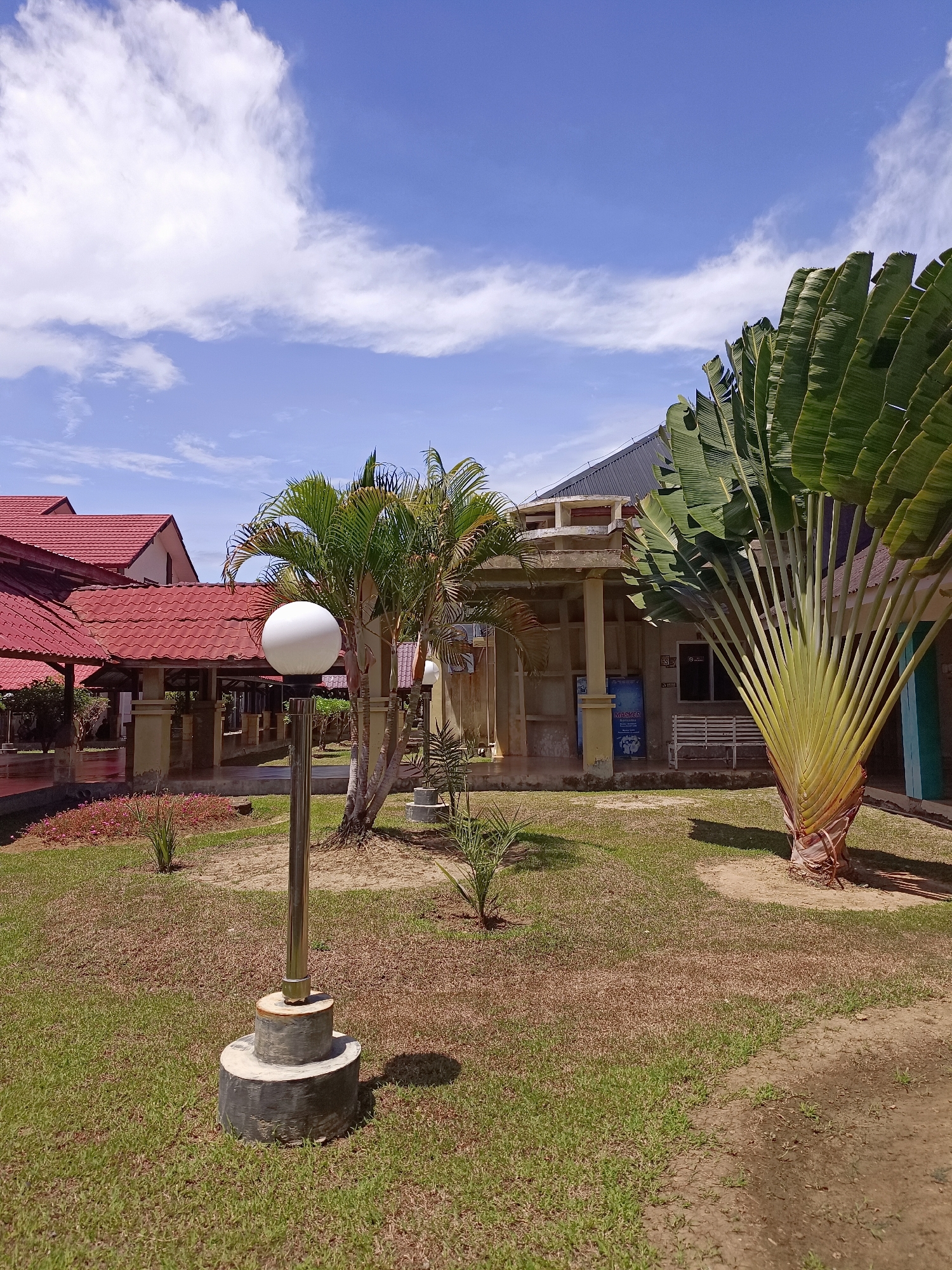 A wide shot captures an outdoor scene with a building and landscaping under a bright, cloudy sky. The building, partially visible on the left, features a red tiled roof and covered walkways supported by pillars. To the right of the building, a large, fan-shaped plant with broad green leaves dominates the foreground, casting a shadow on the dry, patchy grass. A rounded, white-capped lamp post stands in the middle ground, positioned on a tiered, concrete base. In the background, more of the building is visible, with a lighter-colored facade and what appears to be a balcony or upper level. The ground is a mix of dry grass and sandy soil. The sky is a vibrant blue with scattered white clouds. The location is identified as Mesjid Reuntoh, Indonesia.