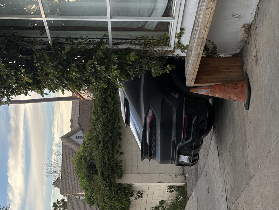 A black car, possibly a Lamborghini Urus, is parked partially under a structure, near dense greenery. An orange traffic cone is wedged between the car's tire and the structure. A house is visible in the background, with a palm tree and blue sky with clouds adding depth. The scene appears to be set on a street with the car illegally parked.