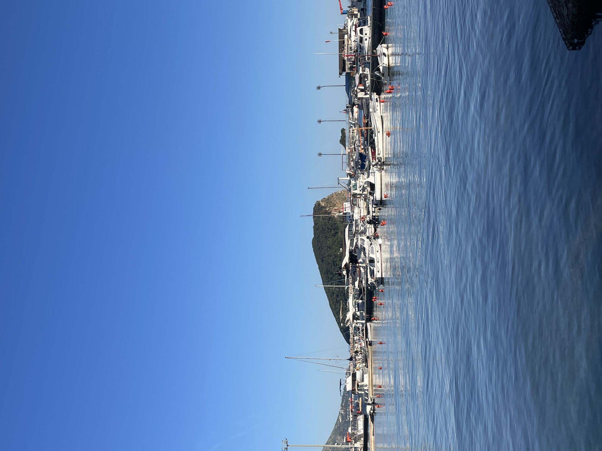The image depicts a waterfront scene in Budva, Montenegro. The scene features clear blue sky above a harbor with numerous boats docked along a pier. The calm water reflects the boats and nearby buildings. A hill covered with green vegetation provides a scenic backdrop. The focus is on the marina and boats, with no people clearly visible.