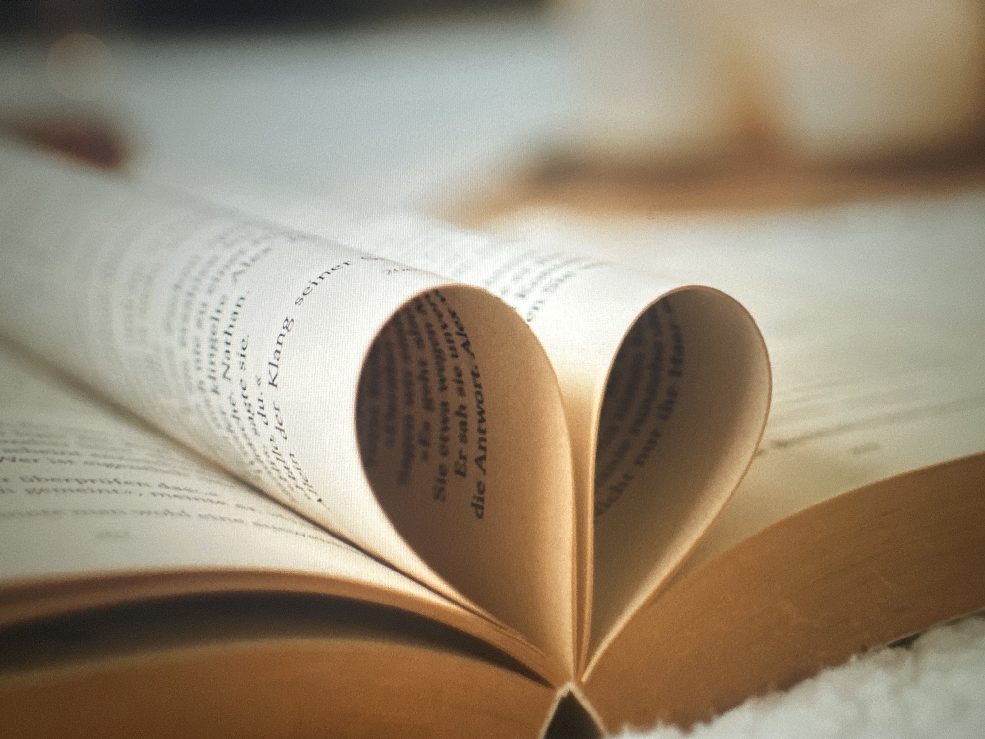An open book is positioned on a soft, white surface, possibly a blanket or a rug. The pages of the book are bent to form a heart shape. The book appears to be old, with yellowed pages and text in German. The lighting is soft and warm, creating a cozy and romantic atmosphere. There is no indication of the city of Bryansk, Russia, or any other specific location in this image.