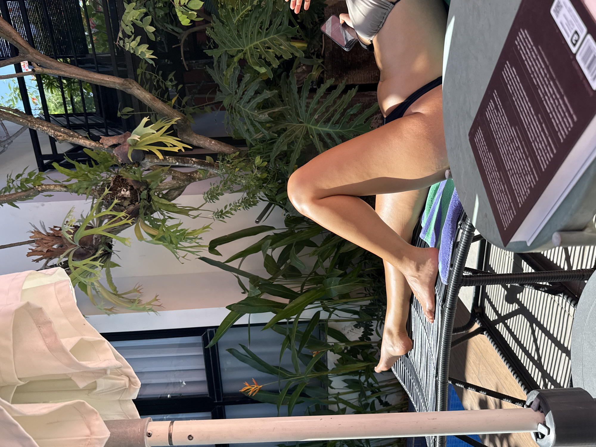 A partially visible woman with tan skin sits in a black wicker chair adjacent to a grey table with a book on it. She wears a grey bikini top and black bikini bottom. The location appears to be outdoors, possibly a patio or deck, and is surrounded by abundant greenery, including leafy plants and a tree branch supporting a Staghorn fern. An open white beach umbrella is in the bottom left. A partially-visible black-framed glass window is behind the plants. The location is likely North Kuta, Indonesia, as specified. The woman is holding a cell phone.