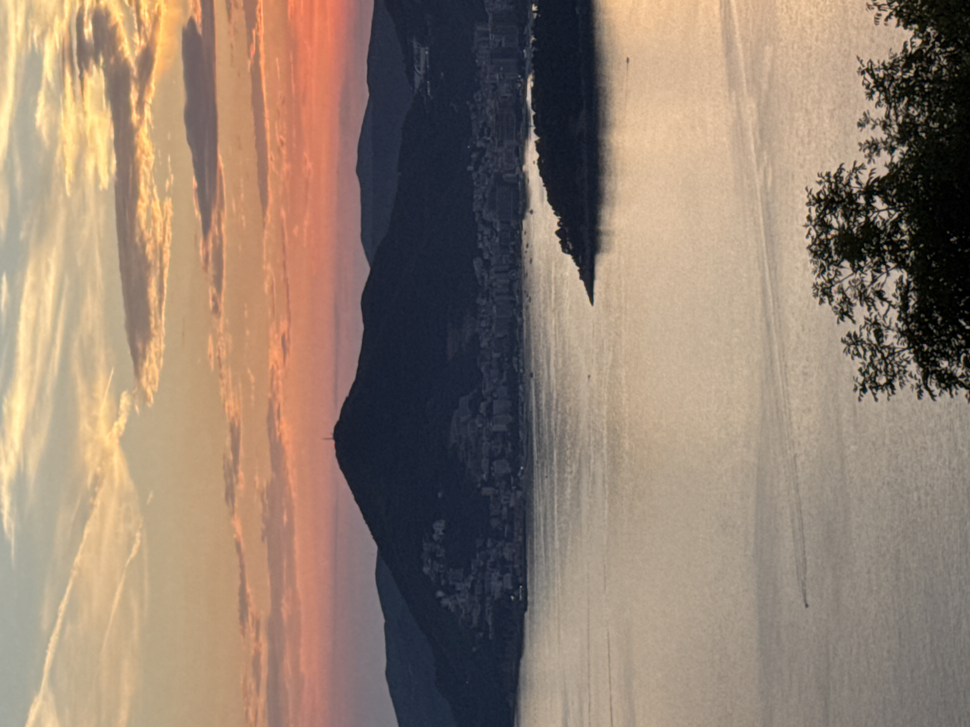 The image depicts a twilight scene at Kamenovo, Montenegro. The sky is painted with warm hues of orange and pink, characteristic of sunset or sunrise, with scattered clouds. In the foreground, the dark silhouette of a densely vegetated hillside with a settlement nestled along its base runs vertically along the left side of the frame. This hillside is reflected in the calm, glassy surface of the Adriatic Sea, which occupies the right side of the image. The water's surface has a gentle ripple, and a faint, elongated wake suggests the movement of a small boat or distant vessel. On the far right, the dark, leafy branches of a tree frame the scene. The overall mood is serene and tranquil, amplified by the soft lighting and the quiet expanse of the sea. No people or text are clearly visible.