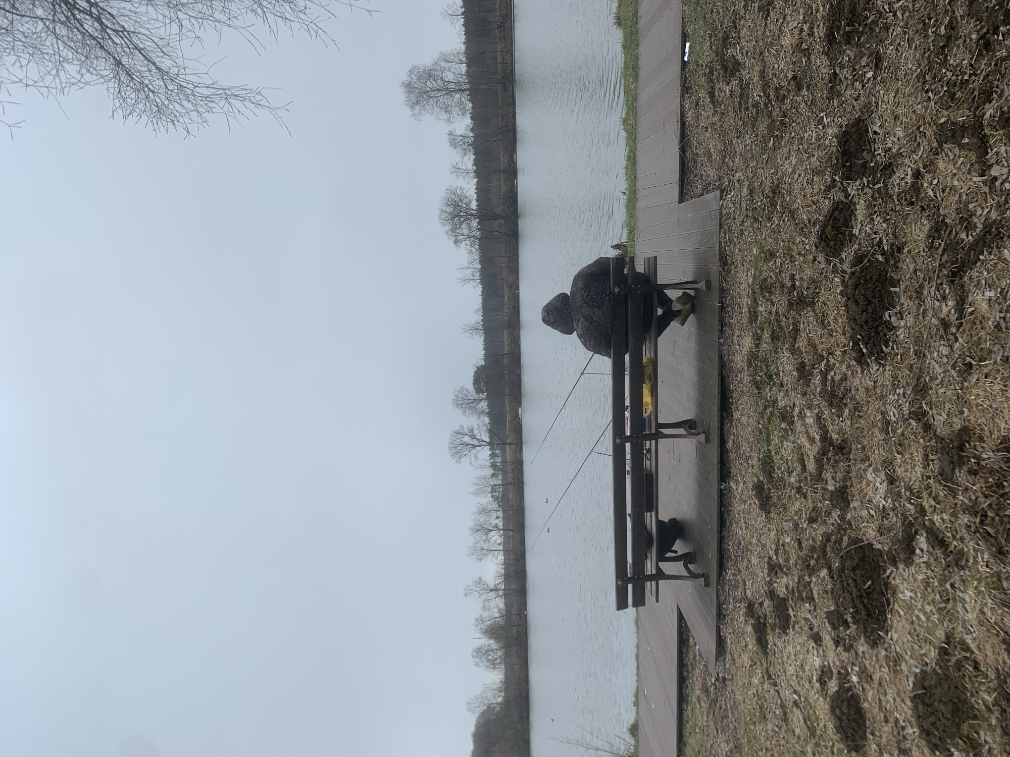 A person sits on a bench fishing in a body of water in Arkhangel’skoye, Russia. The person is wearing a dark, hooded jacket. A fishing rod extends from the bench into the water. The bench is on a wooden platform next to a grassy area covered in dry leaves. Across the water, a line of bare trees is visible against a gray sky.
