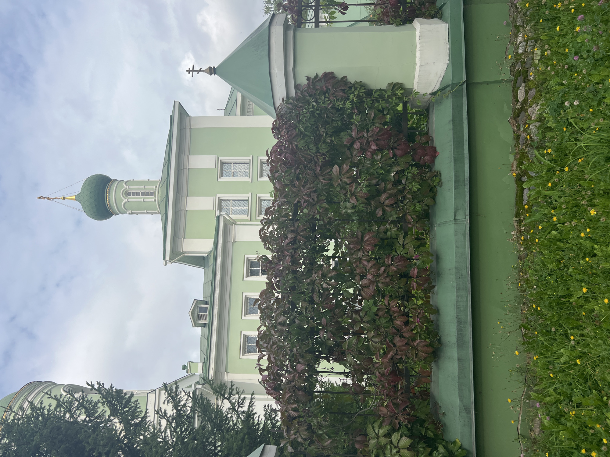 The image shows a pale green building with white trim and a green domed roof topped with a golden cross. The building has multiple windows with arched tops. In front of the building is a dark green fence, partially covered by lush green and reddish-brown ivy. A portion of a large evergreen tree is visible on the left side of the frame. The foreground is filled with a grassy area dotted with small yellow and pink wildflowers. The sky above is overcast and grey.