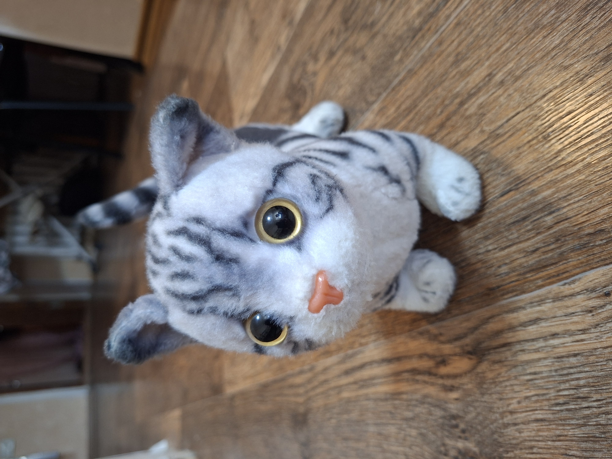 A stuffed toy cat with grey and white tabby markings and large, golden-ringed black eyes sits on a wooden floor. The cat has a small pink nose and its front paws are visible. The background is blurred but appears to be an indoor setting, possibly a home, with wooden walls and furniture visible. The image was taken in the city of Gorkovskiy, Russia.