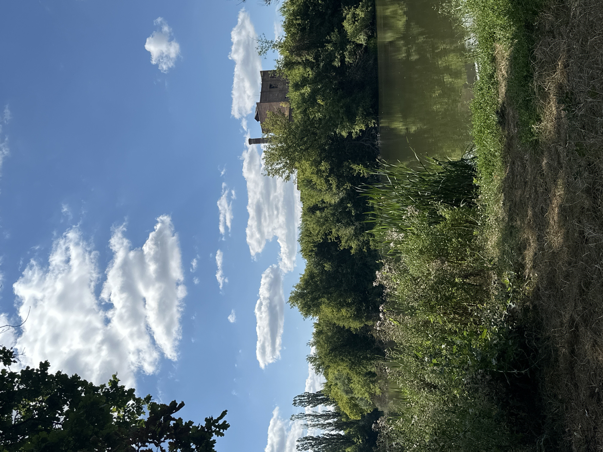 This is a landscape photograph taken in the city of Shatava, Ukraine. The image depicts a body of water in the foreground, reflecting the surrounding trees and blue sky. The water is calm, with reeds and other vegetation growing along the banks. In the background, there is a dense line of trees, and atop the hill is a dilapidated brick building with a tall chimney, suggesting it may be an old industrial structure. The sky is a vibrant blue with scattered white clouds. The overall impression is of a serene, natural setting with a touch of industrial decay.
