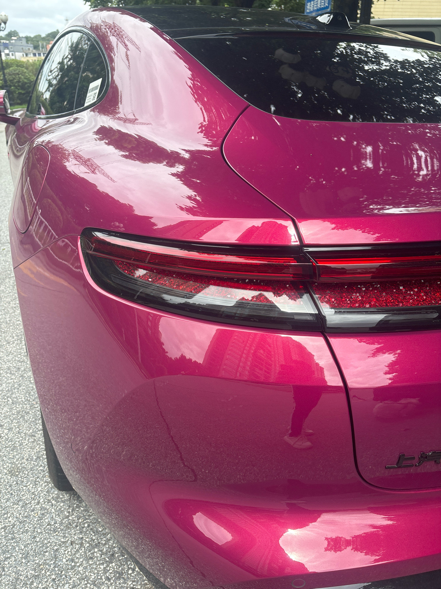 A bright pink Porsche Taycan is parked on a paved road. The car's taillights are illuminated, and the rear bumper has Chinese characters on it. The sky is cloudy, and there are trees and buildings in the background. The location is Nanhai District, China.