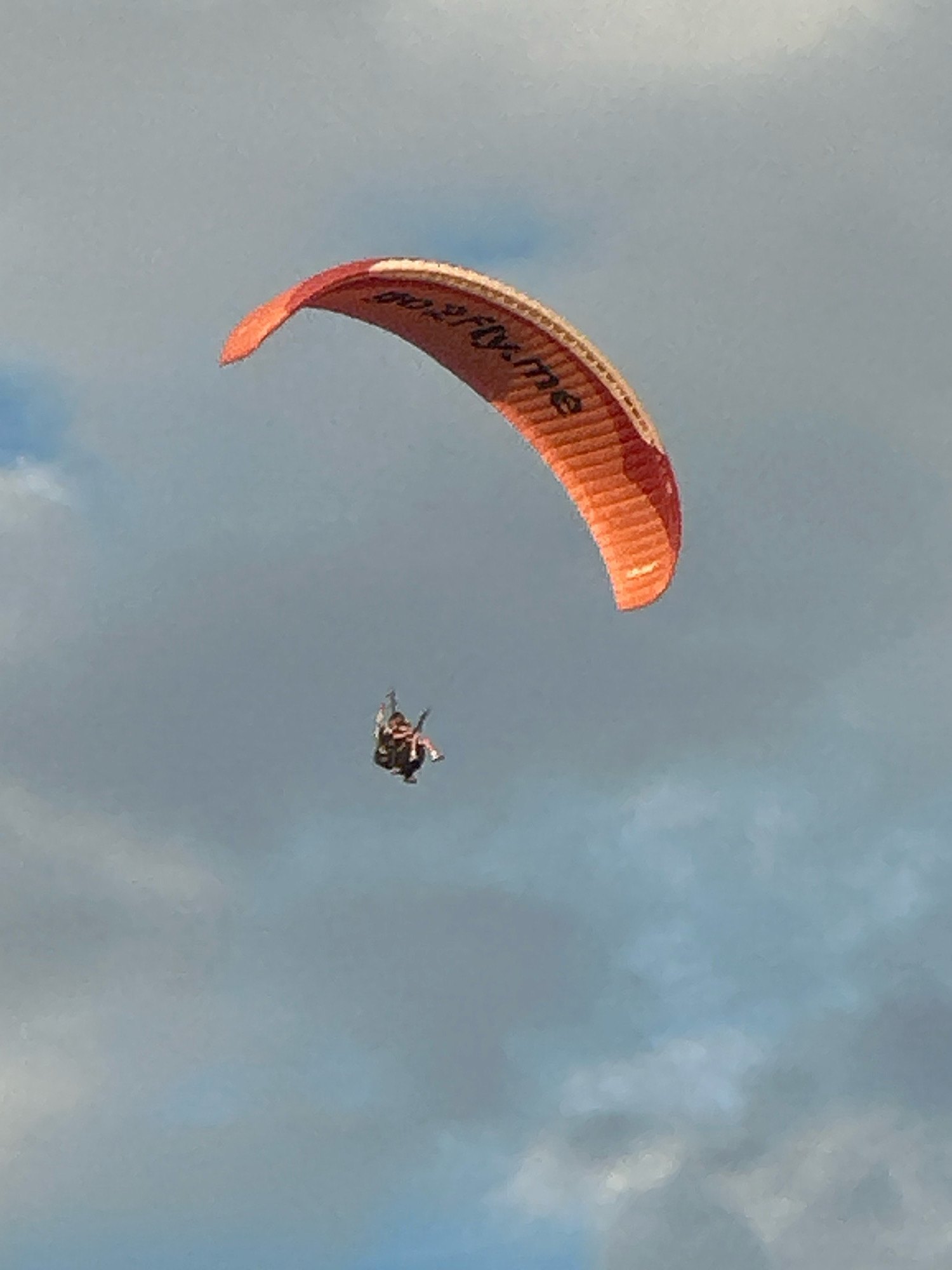 A tandem paraglider, with two individuals harnessed together, is suspended in the air against a hazy, grey sky. The paraglider's wing is predominantly orange with white accents and displays text that appears to read "go4fly.me". The paragliders are positioned in the lower center of the frame, appearing small against the vastness of the sky. The environment suggests an outdoor recreational activity taking place likely above the outskirts of Boreti, Montenegro, where open skies are common for such pursuits.
