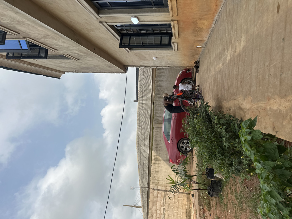 The scene is set outdoors in Ilishan, Nigeria, featuring a residential area under a partially cloudy, light blue sky. On the right, a two-story building with a light beige stucco exterior features dark-framed windows, some open, and two white circular wall-mounted lights. Several pairs of dark sandals are neatly placed along the base of this building on a concrete pathway. To the left of the pathway, a small garden bed contains green leafy plants, with additional smaller plants in black grow bags on the adjacent dirt ground. In the middle ground, a red sedan, likely a Toyota Camry, is parked facing left against a concrete block wall. Behind this wall, a building with a corrugated metal roof is visible. A dark-skinned adult, wearing a dark sleeveless top and trousers, is bending over a black bicycle with purple accents, seemingly adjusting it. A dark-skinned child, dressed in a white shirt and shorts, stands near the adult and the red car. Power lines traverse the upper middle of the image.