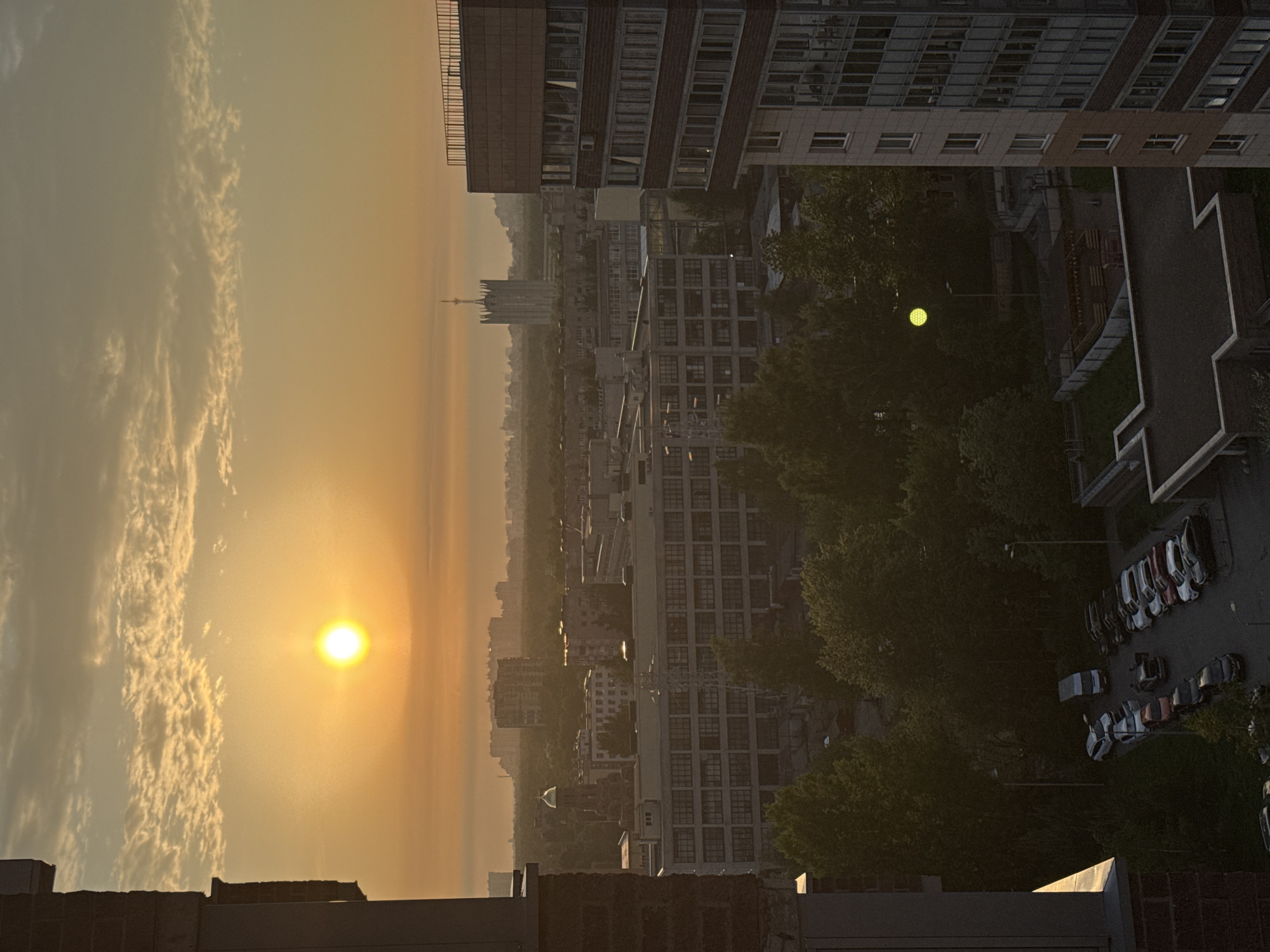 The image shows a cityscape at sunset, possibly Sinyavino, Russia, although lacking definite markers. Tall buildings occupy the right side, with many windows visible. Trees punctuate the urban landscape. The setting sun casts a golden hue across the sky, with light cloud formations visible. A distant, slender tower structure is noticeable on the horizon. The foreground shows rooftops of buildings, and a parking lot with several cars sits adjacent to the trees.