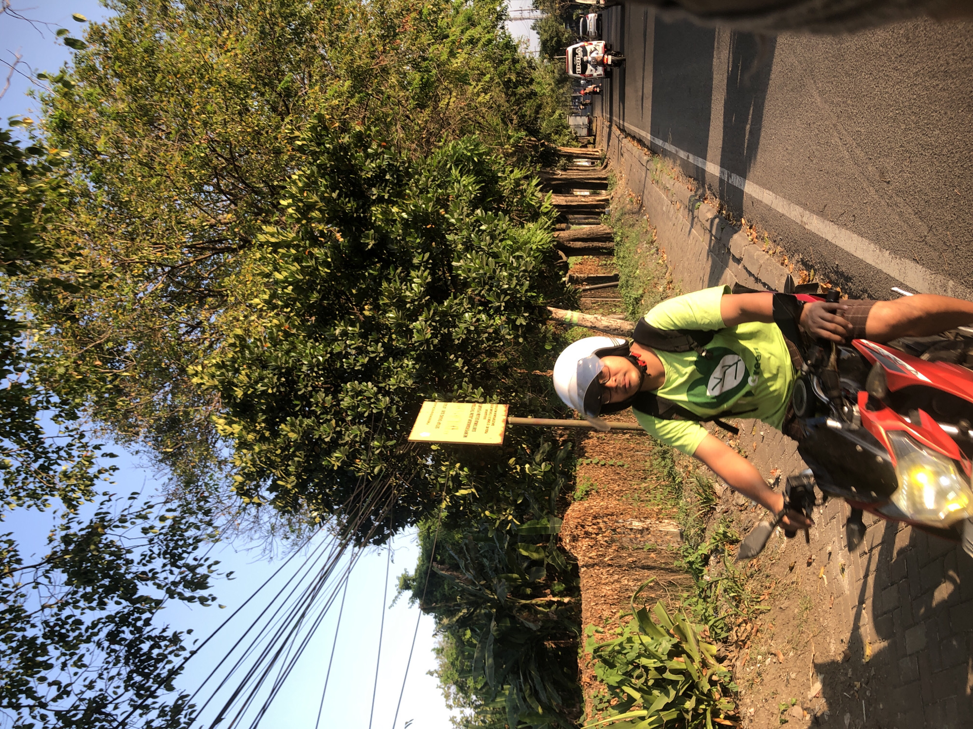 A medium shot captures a person riding a red motorcycle down a paved road in Kludan, Indonesia. The rider, wearing a white helmet and a bright green t-shirt with a leaf logo, faces the camera. The motorcycle has a black windshield and red body panels. A brown fence runs along the left side of the road, with lush green plants and trees behind it. A yellow sign with Indonesian text is posted on a pole near the road. In the background, several trees line the road, and other vehicles, including a white van and motorcycles, are visible further down the street. The scene is illuminated by the warm, golden light of what appears to be late afternoon.