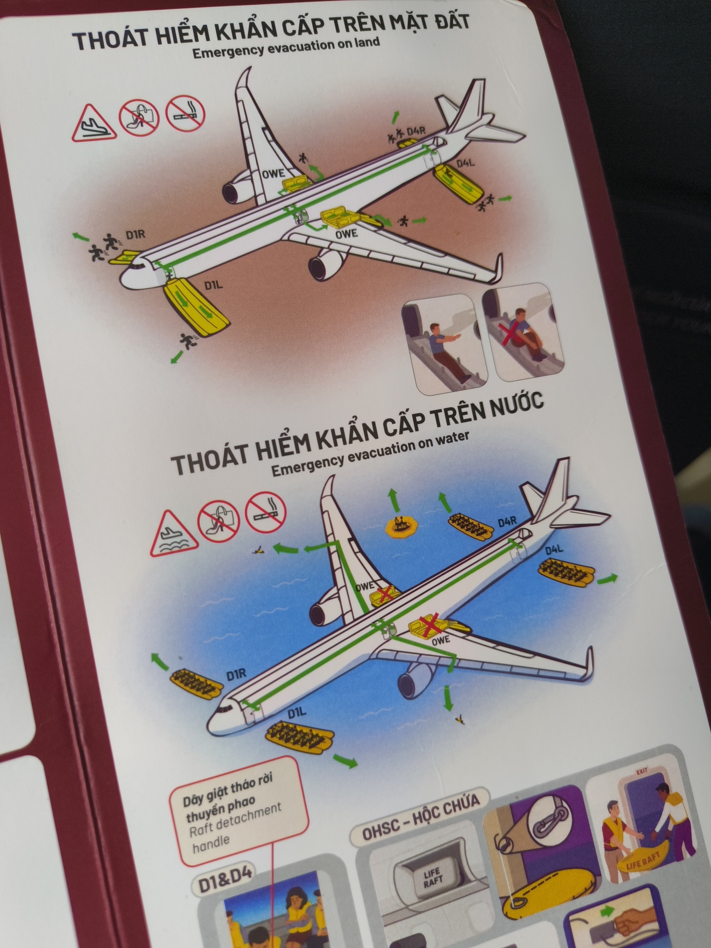 The image is a safety instruction card from an airplane, showing diagrams for emergency evacuation on land and water. It is located on a folded piece of paper, bound with a dark red cover. The card features illustrations of an airplane with emergency slides deployed, people evacuating, and life rafts. Text in Vietnamese and English provides instructions. The lower right corner of the image shows a portion of a life raft deployment sequence. The scene is indoors, with the instruction card resting on a surface that is not clearly visible. No specific location in Dong Khanh Son, Vietnam can be determined from the image itself.
