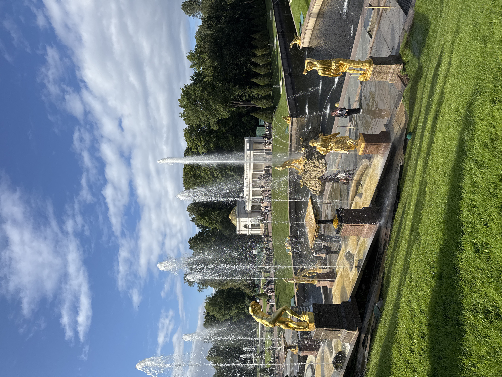 This is a medium shot of the Grand Cascade in Peterhof, Russia, on a sunny day with a blue sky and scattered clouds. The foreground is dominated by a vibrant green, manicured lawn sloping downwards. Behind the lawn, a large, multi-tiered fountain system is in operation, with numerous water jets shooting high into the air.
Several golden statues are visible within the fountain complex, depicting mythological figures. One prominent statue in the mid-ground shows a muscular, nude male figure in a dynamic pose. Other golden statues, some with flowing drapery, are placed on pedestals around the fountain basins. People are scattered throughout the scene, observing the fountains and walking along the pathways.
In the background, a long, white neoclassical building with a golden dome stands behind the fountains. It is surrounded by lush green trees and manicured hedges, with a canal or large body of water running parallel to the building and fountain complex. The overall scene conveys a sense of grandeur and historical significance, typical of the Peterhof Palace and Gardens, a UNESCO World Heritage site.